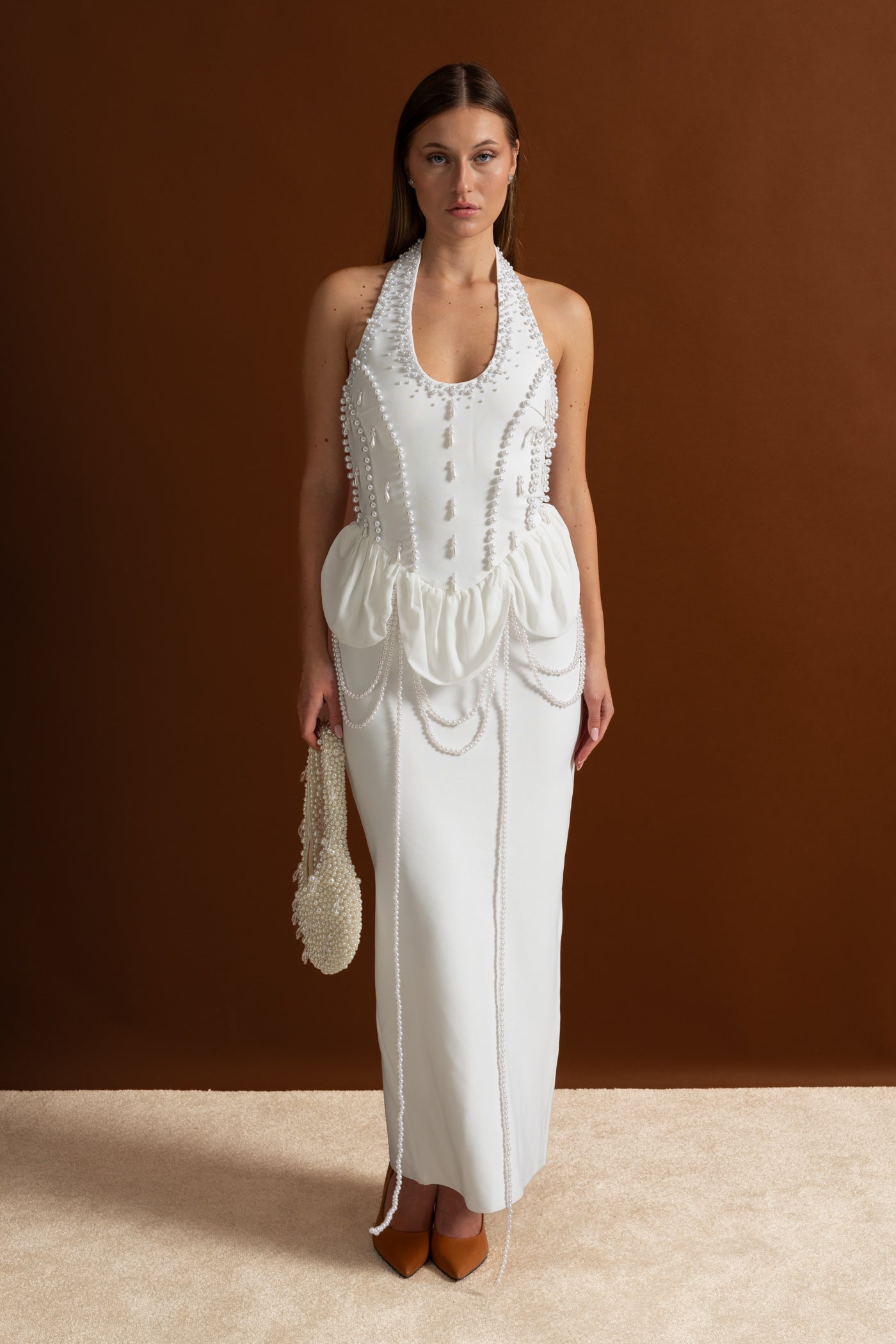 Embellished Halter Maxi Dress With Gathered Peplum Detail – White