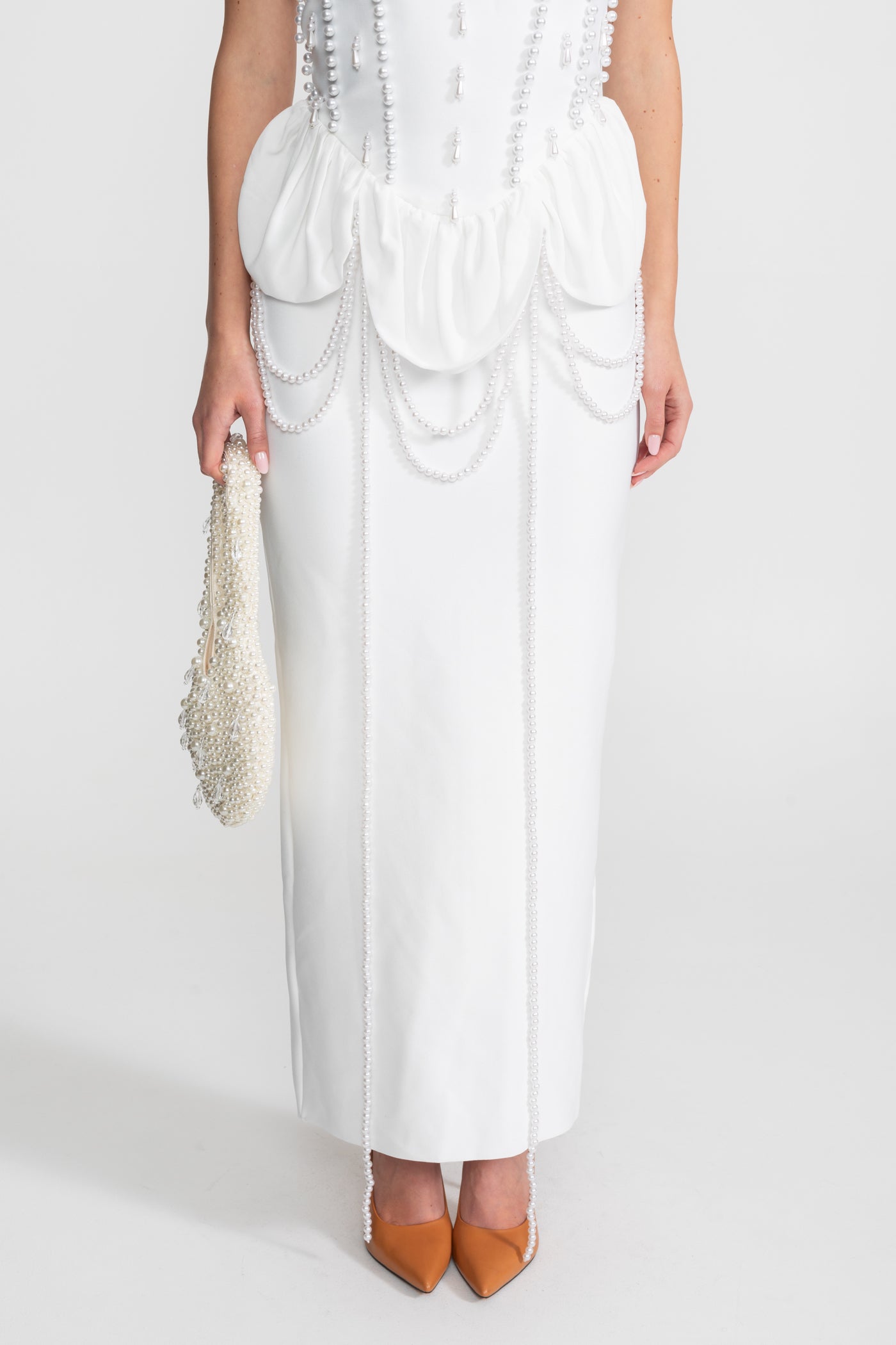 Embellished Halter Maxi Dress With Gathered Peplum Detail – White
