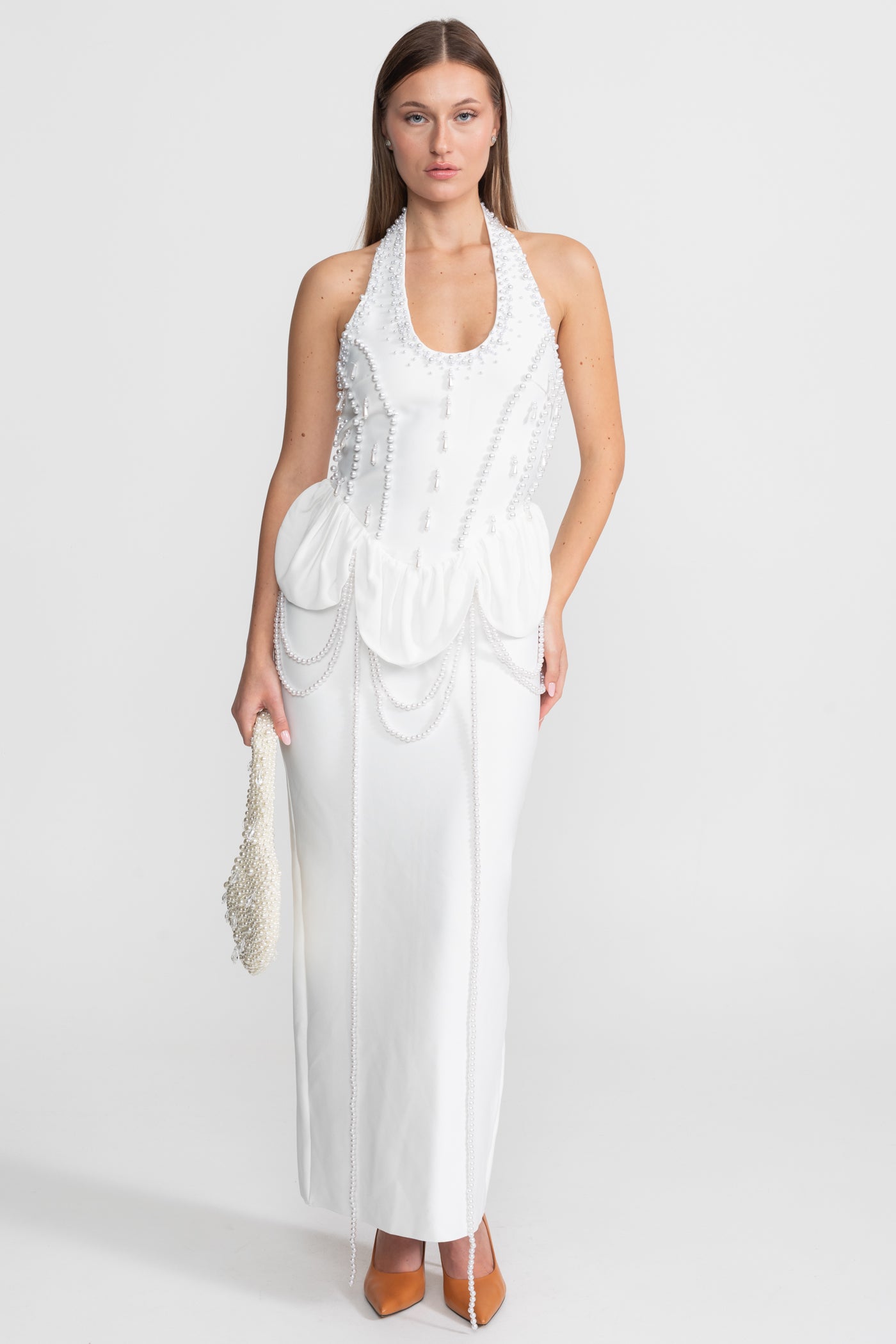 Embellished Halter Maxi Dress With Gathered Peplum Detail – White