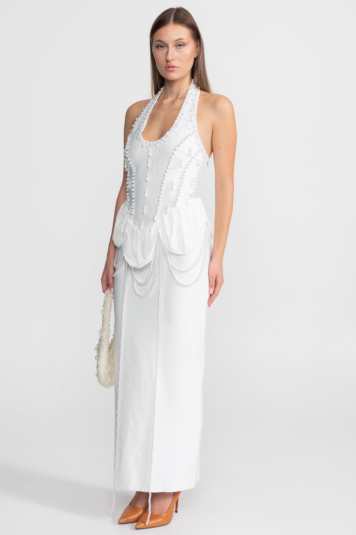 Embellished Halter Maxi Dress With Gathered Peplum Detail – White