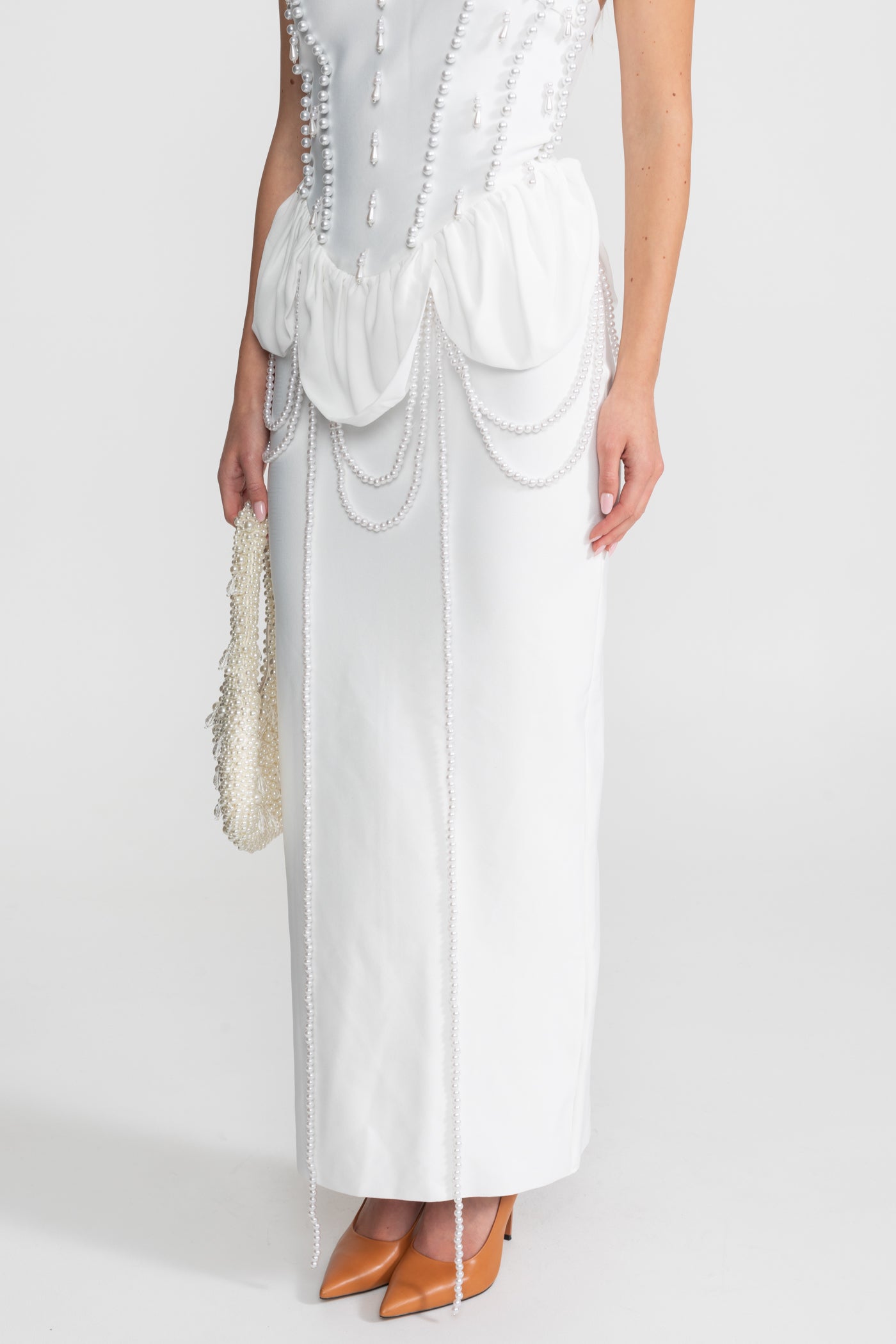 Embellished Halter Maxi Dress With Gathered Peplum Detail – White