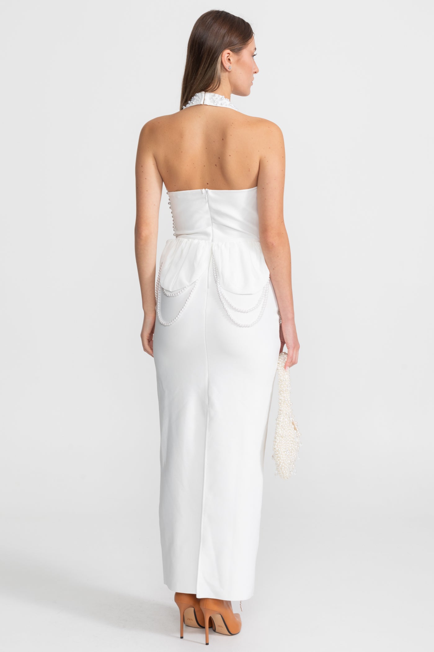 Embellished Halter Maxi Dress With Gathered Peplum Detail – White