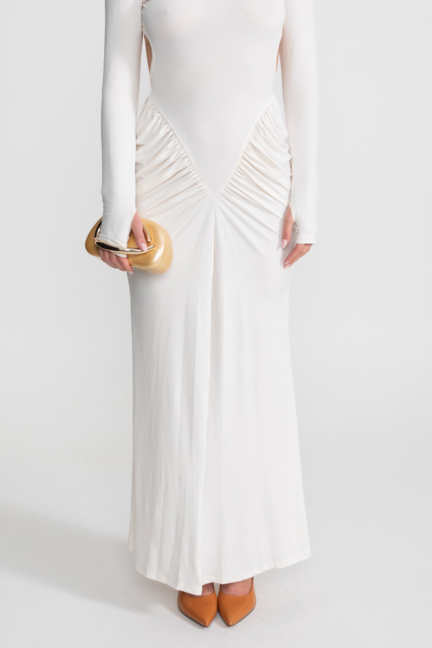 Ruched Maxi Dress With Side Cutouts – White