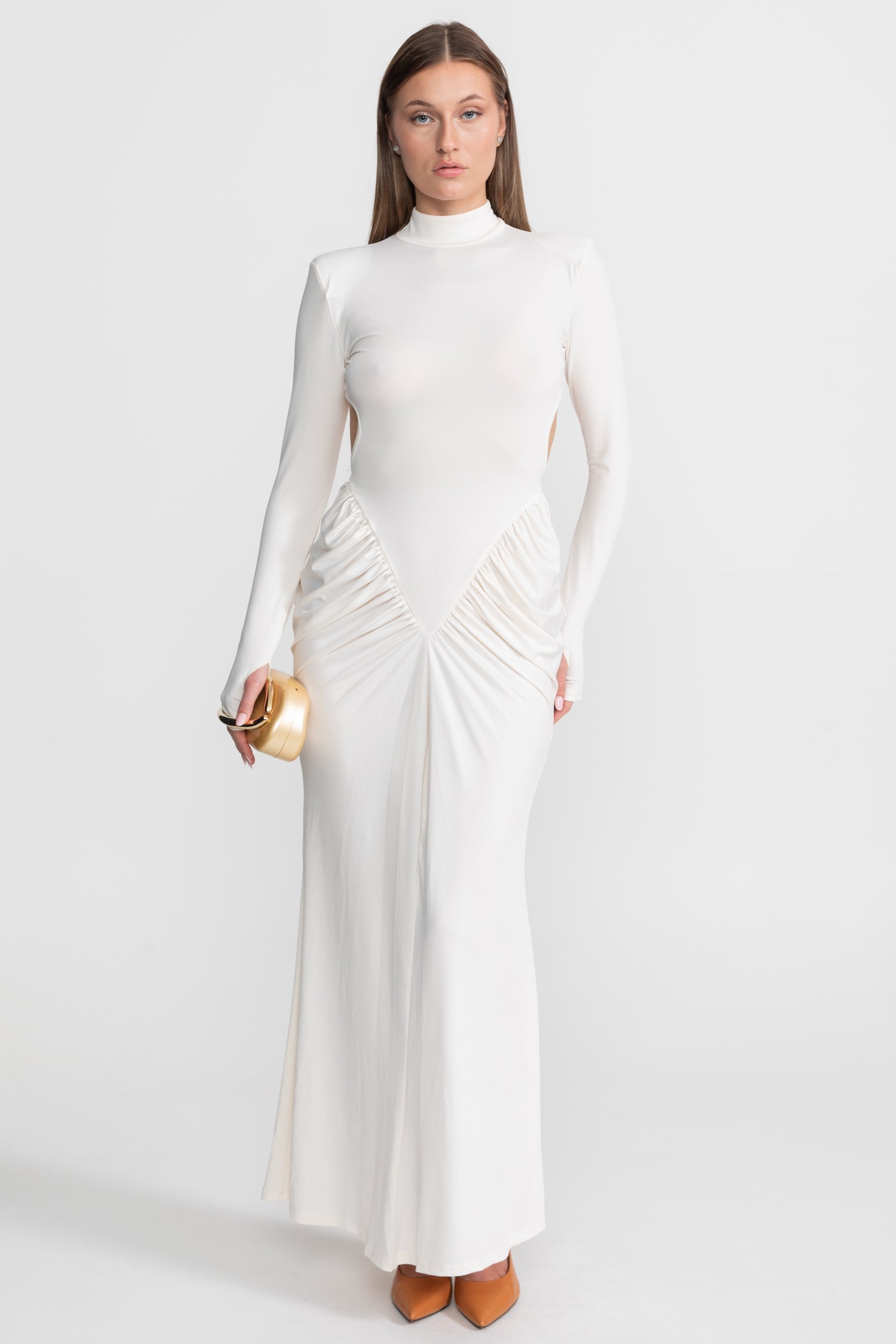 Ruched Maxi Dress With Side Cutouts – White