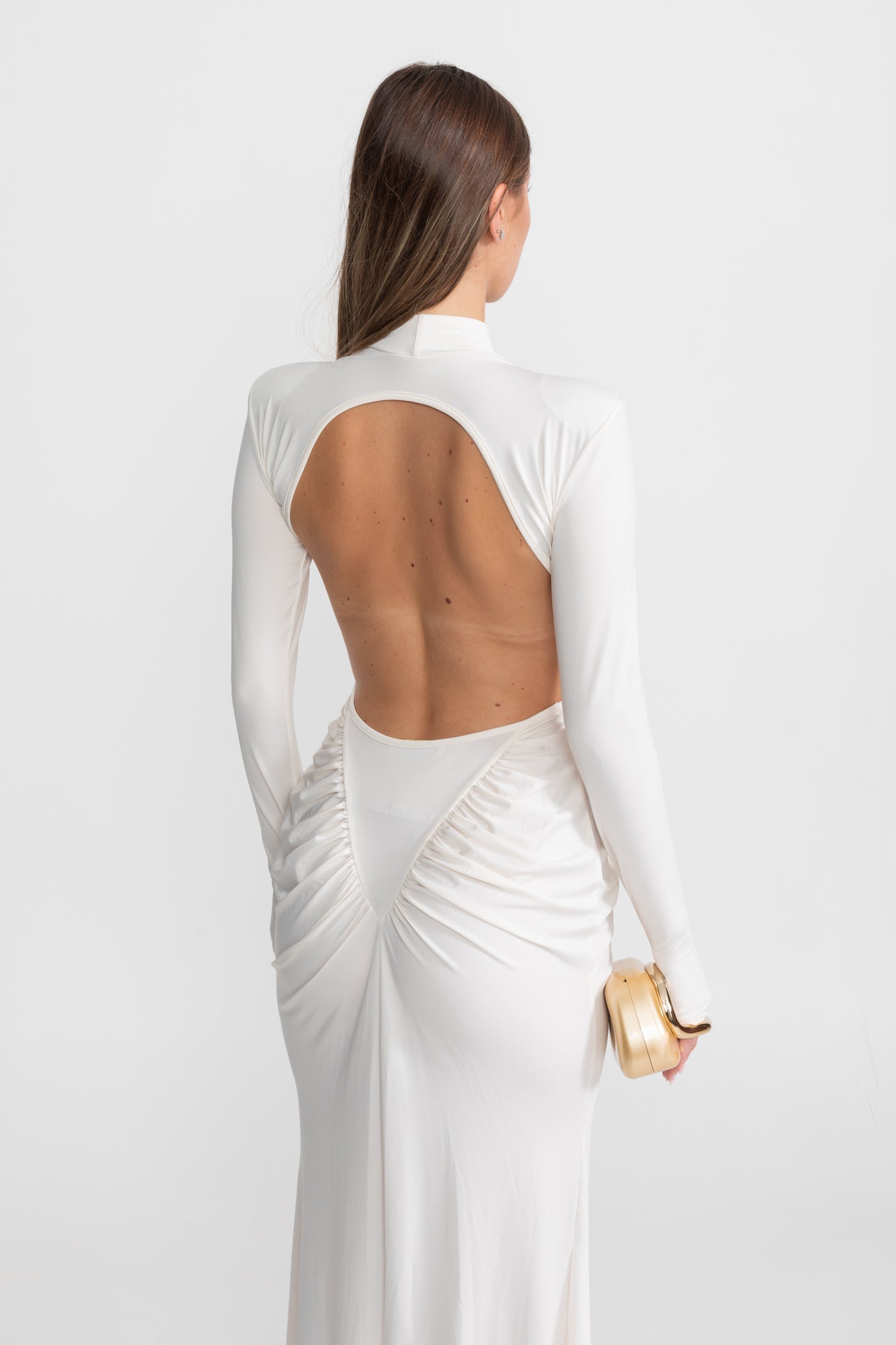Ruched Maxi Dress With Side Cutouts – White