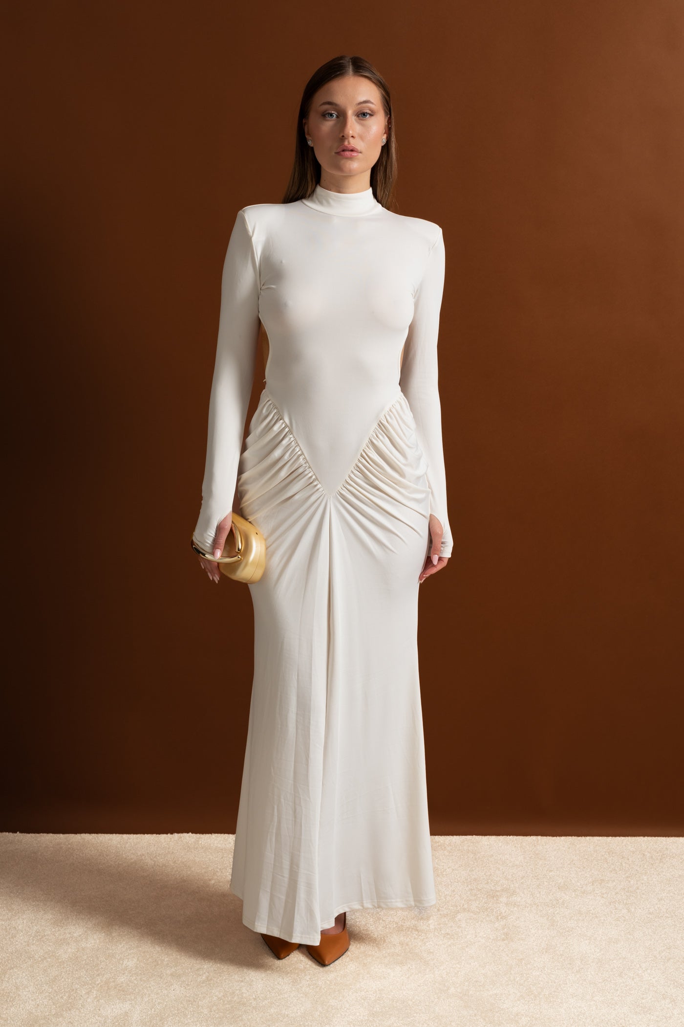 Ruched Maxi Dress With Side Cutouts – White