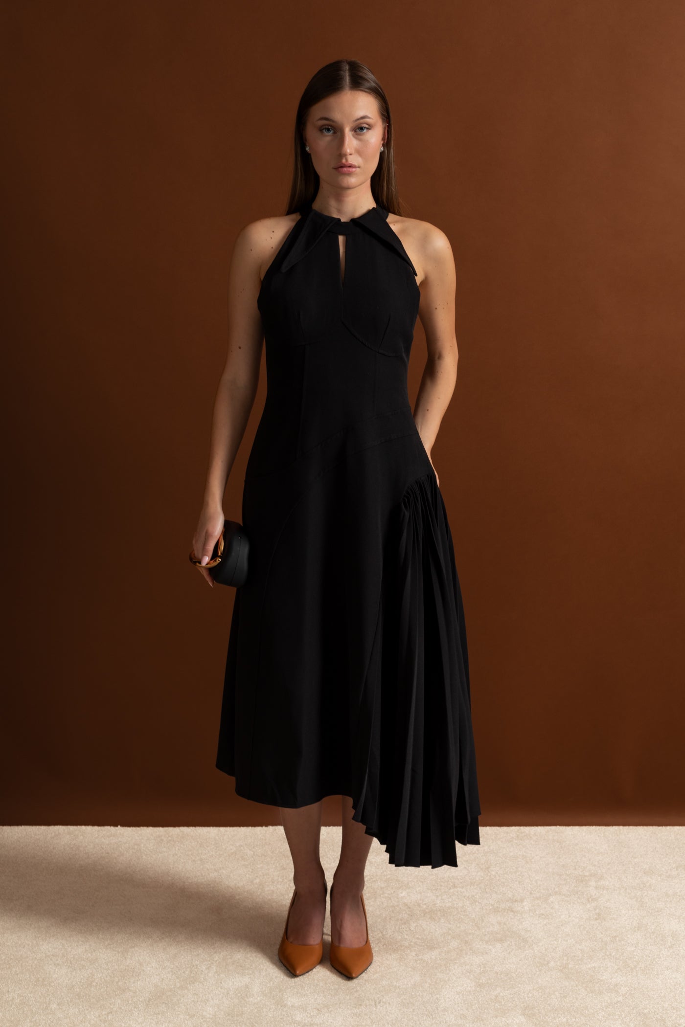Pleated Halter Midi Dress With Keyhole Detail - Black