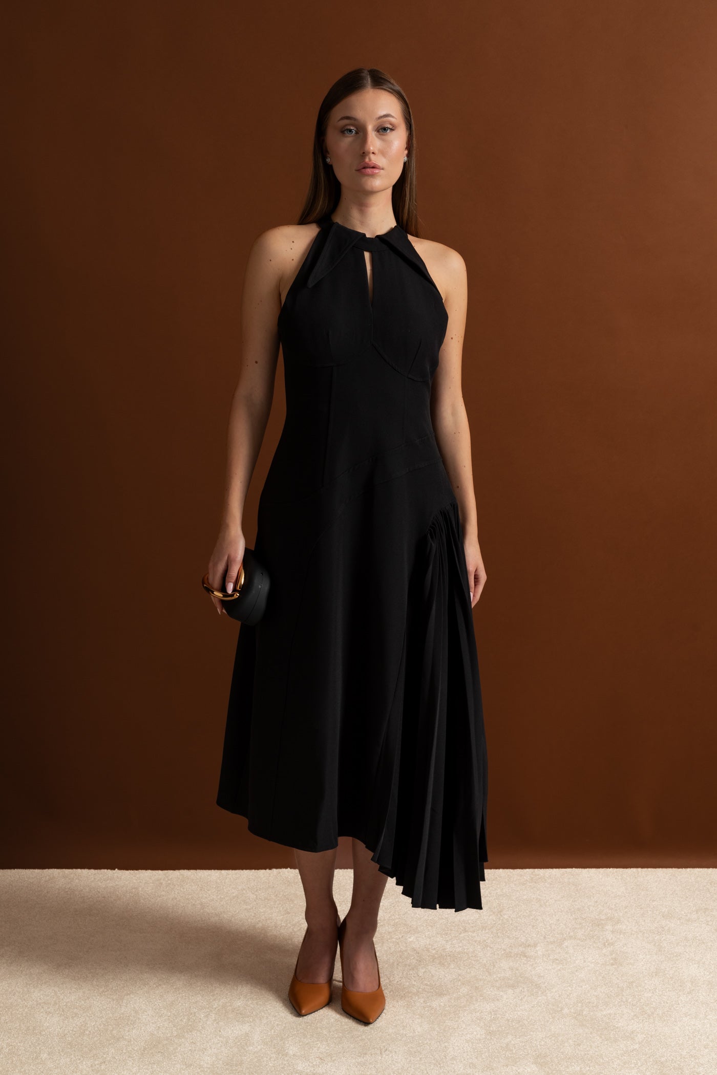Pleated Halter Midi Dress With Keyhole Detail - Black