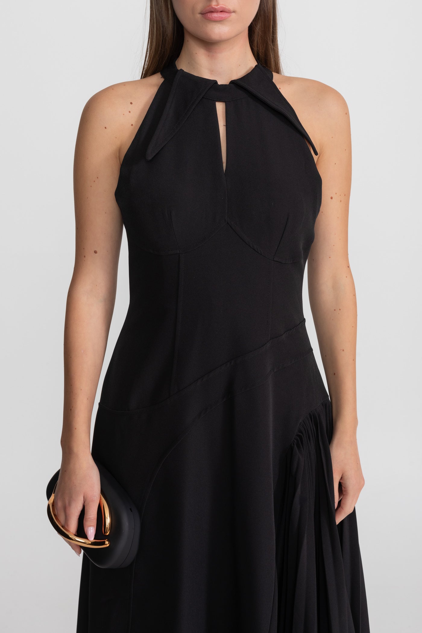 Pleated Halter Midi Dress With Keyhole Detail - Black
