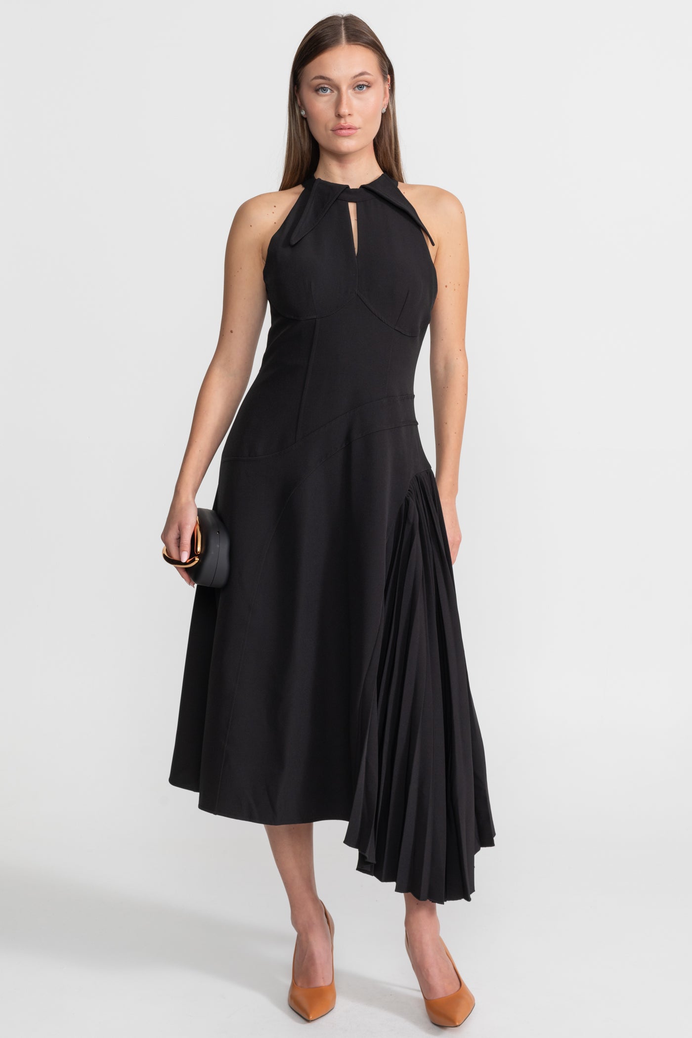 Pleated Halter Midi Dress With Keyhole Detail - Black