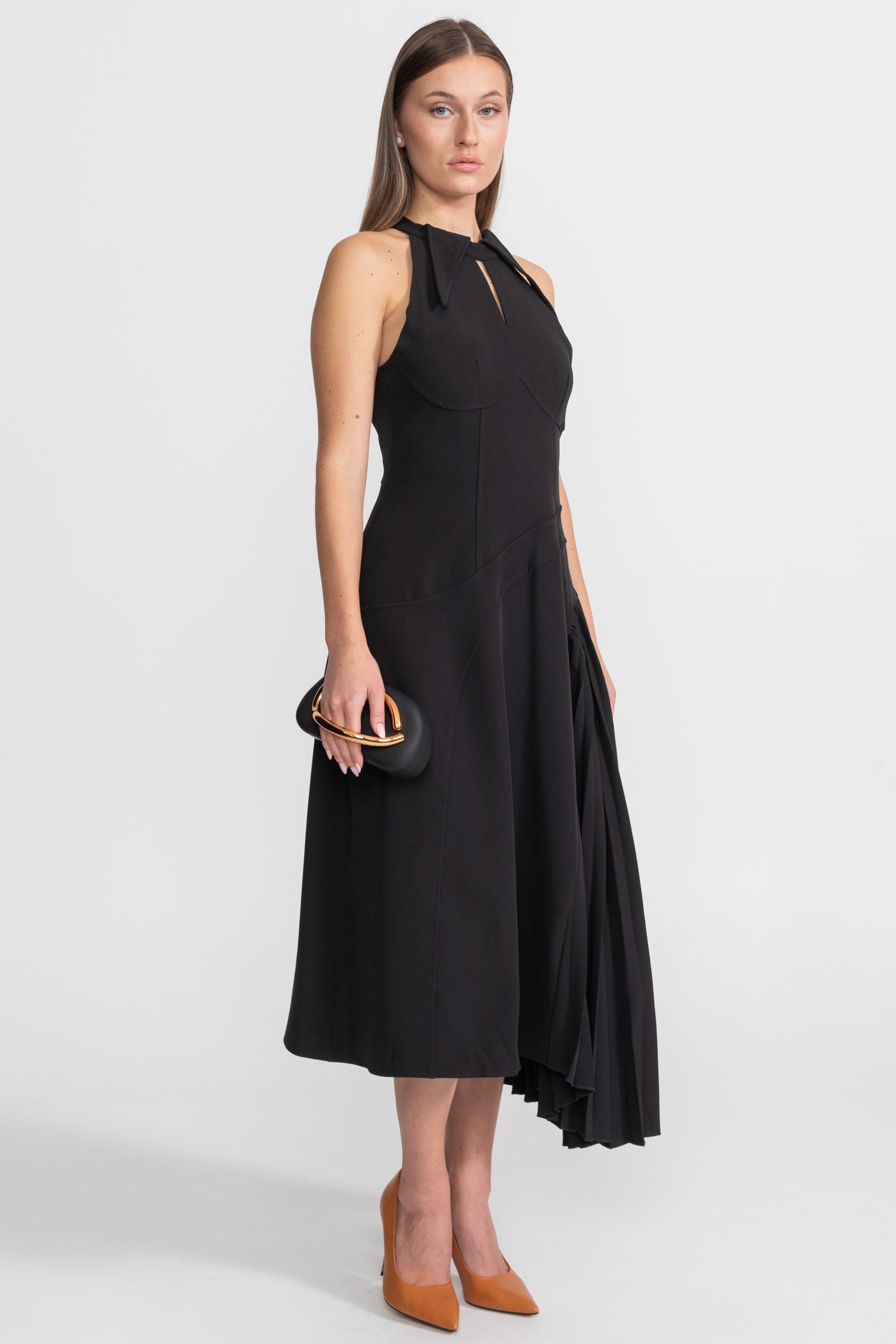 Pleated Halter Midi Dress With Keyhole Detail - Black