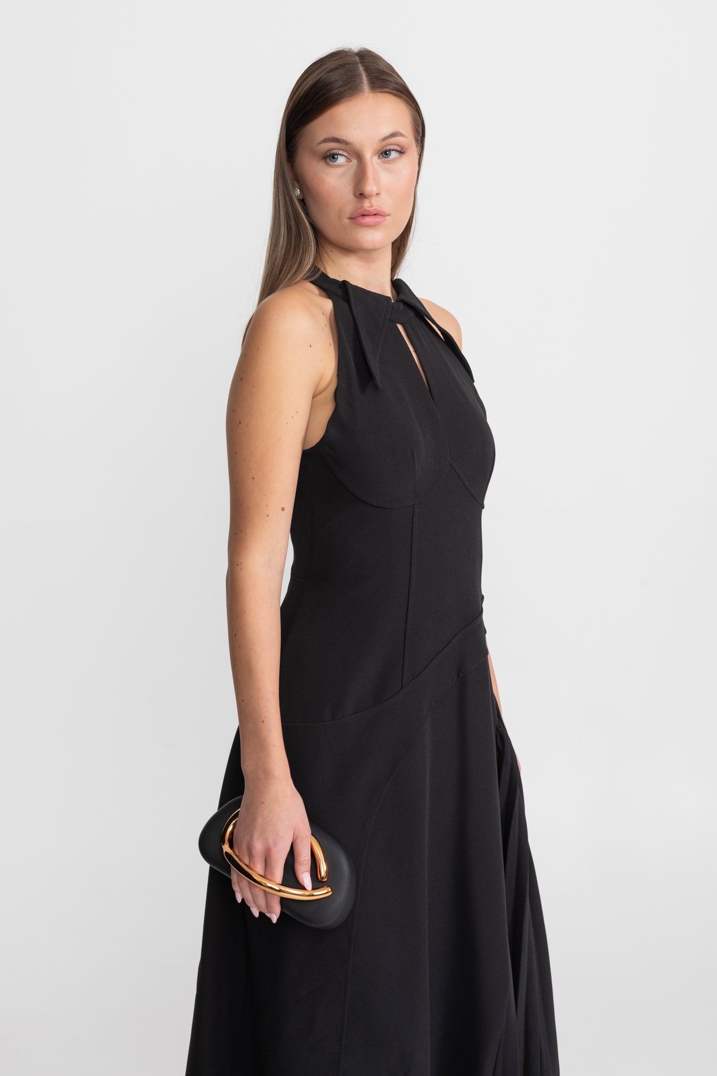 Pleated Halter Midi Dress With Keyhole Detail - Black