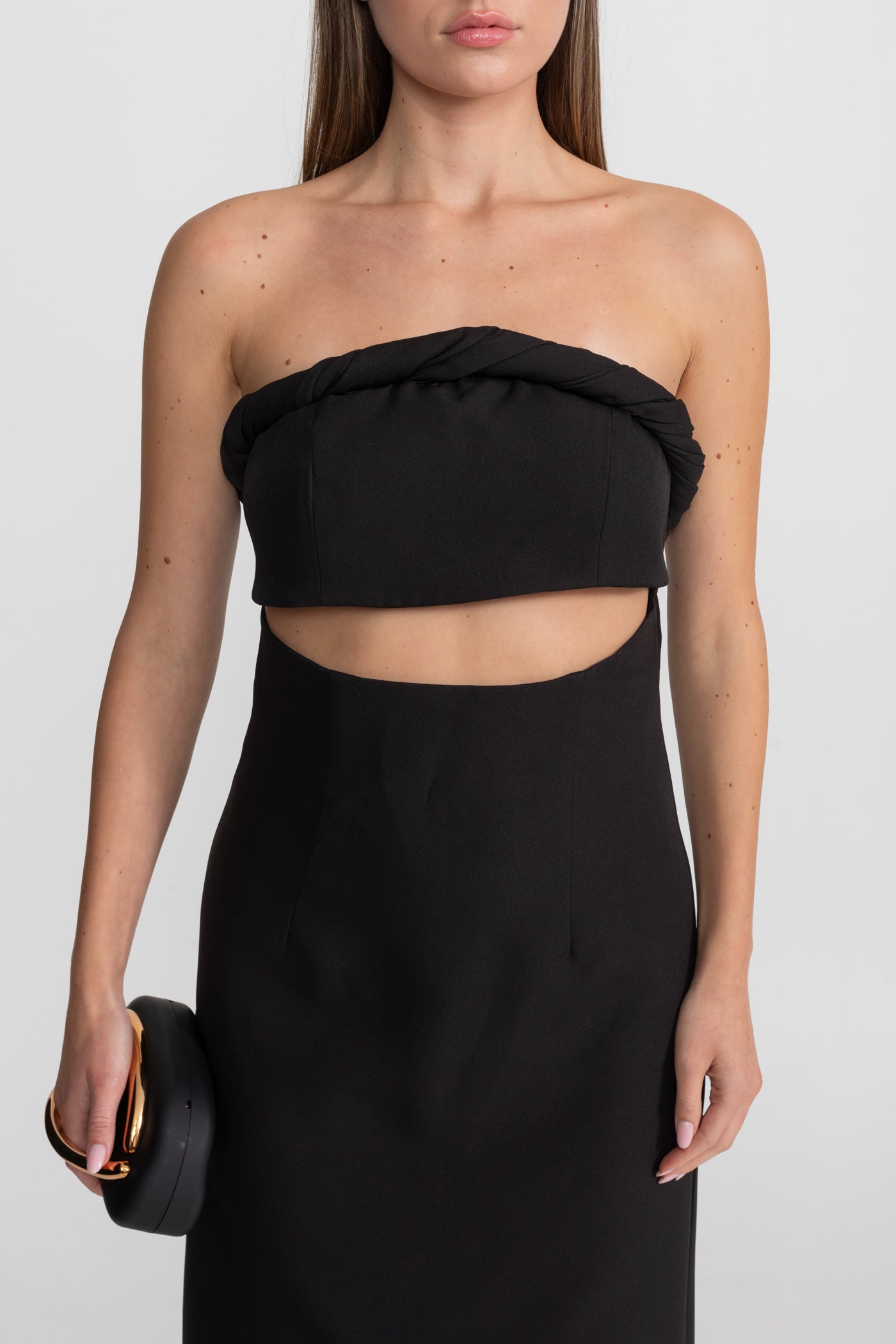 Strapless Cutout Midi Dress With Twisted Bandeau Detail – Black