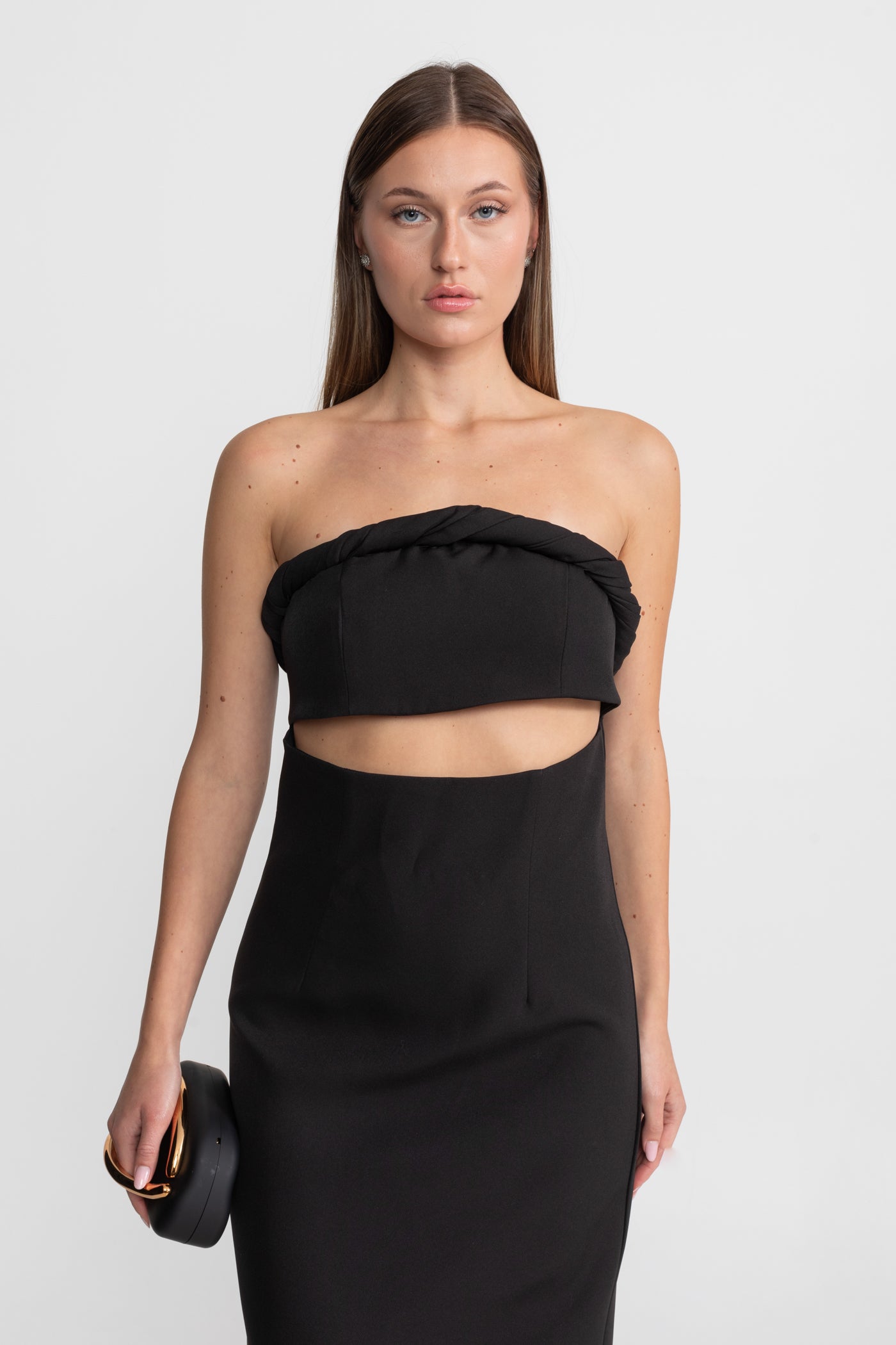 Strapless Cutout Midi Dress With Twisted Bandeau Detail – Black
