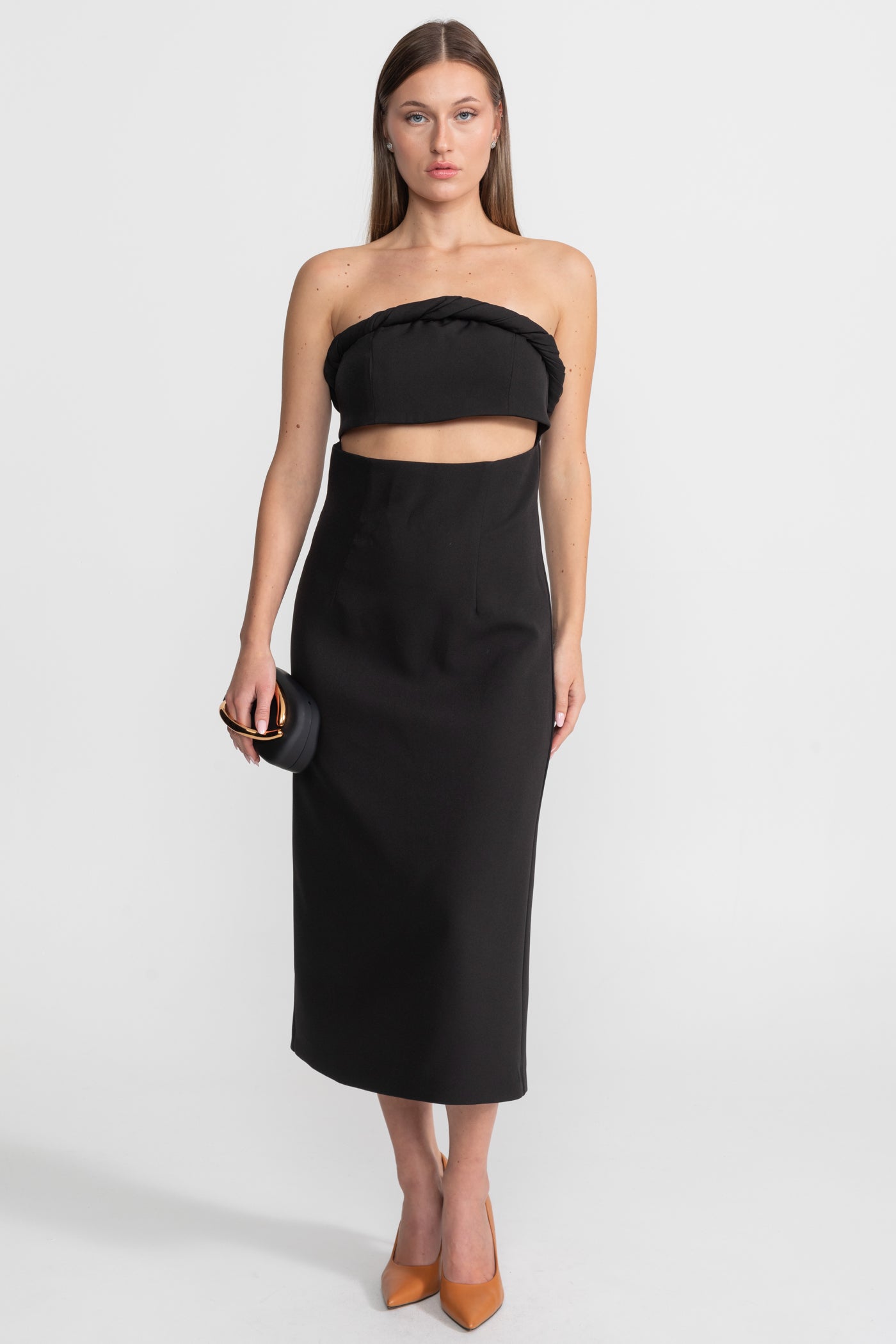 Strapless Cutout Midi Dress With Twisted Bandeau Detail – Black