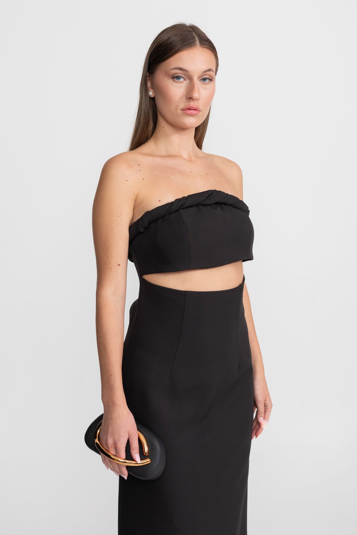 Strapless Cutout Midi Dress With Twisted Bandeau Detail – Black