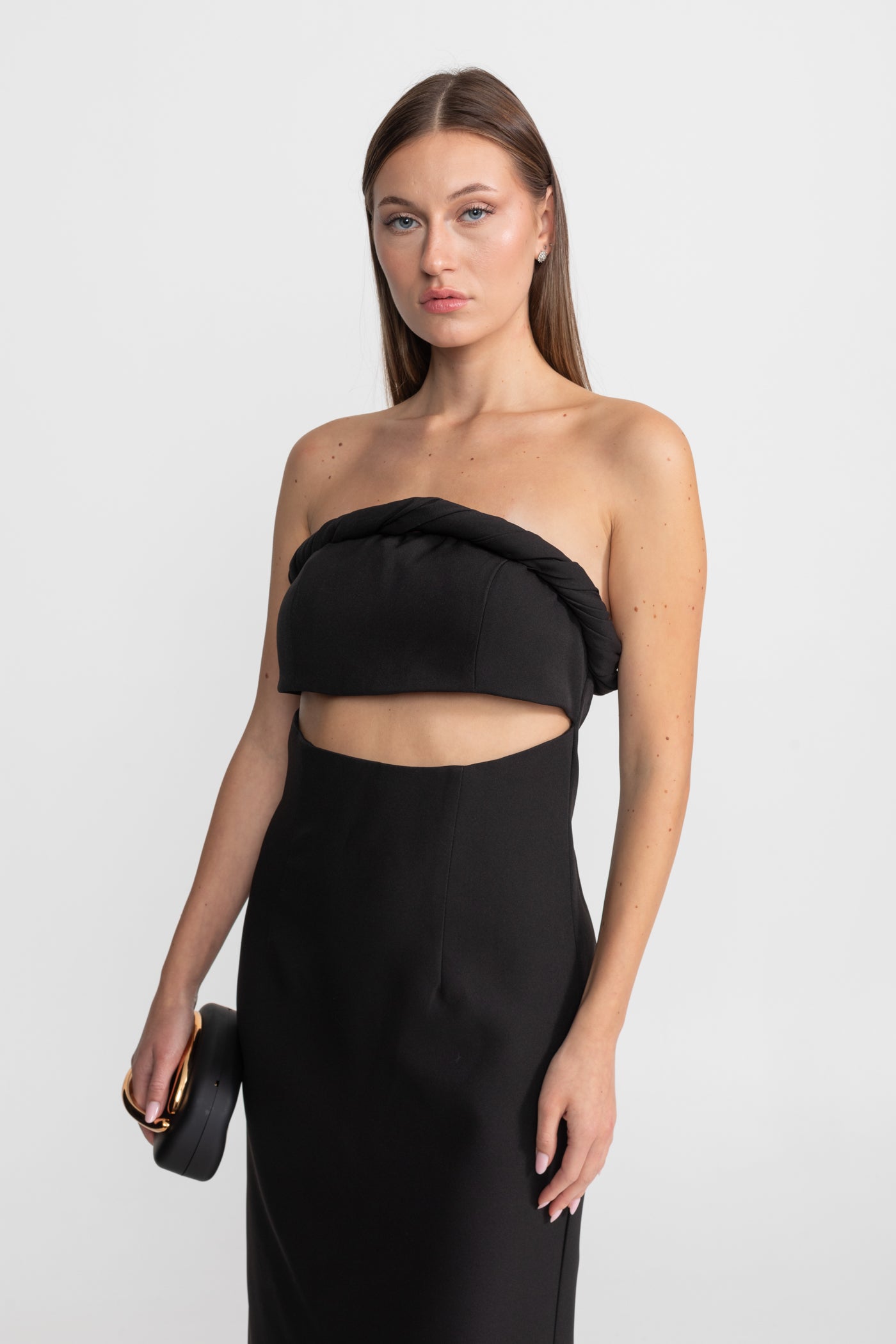 Strapless Cutout Midi Dress With Twisted Bandeau Detail – Black
