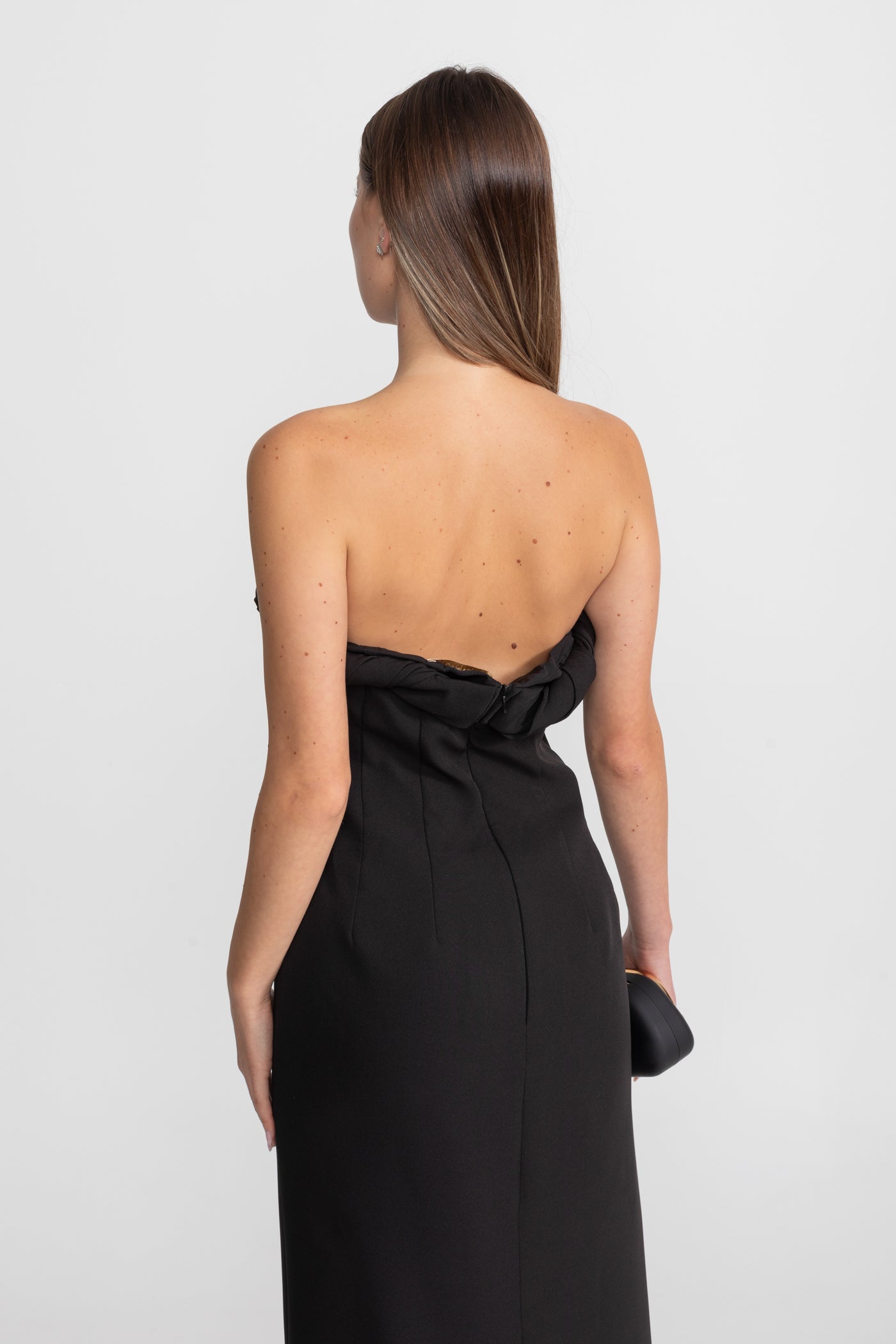 Strapless Cutout Midi Dress With Twisted Bandeau Detail – Black