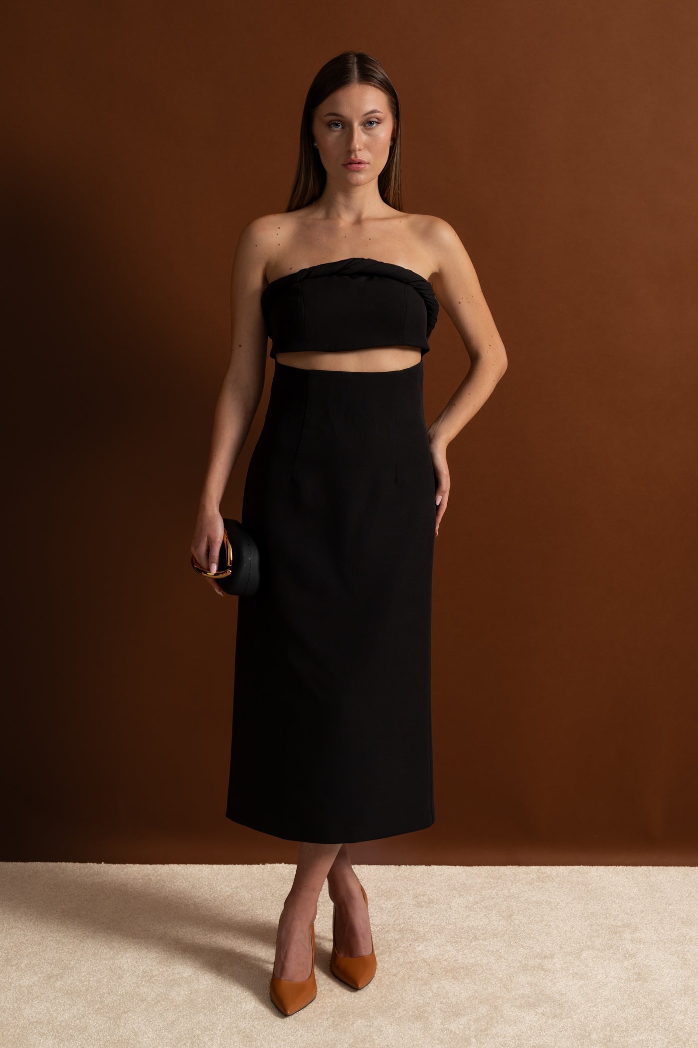 Strapless Cutout Midi Dress With Twisted Bandeau Detail – Black