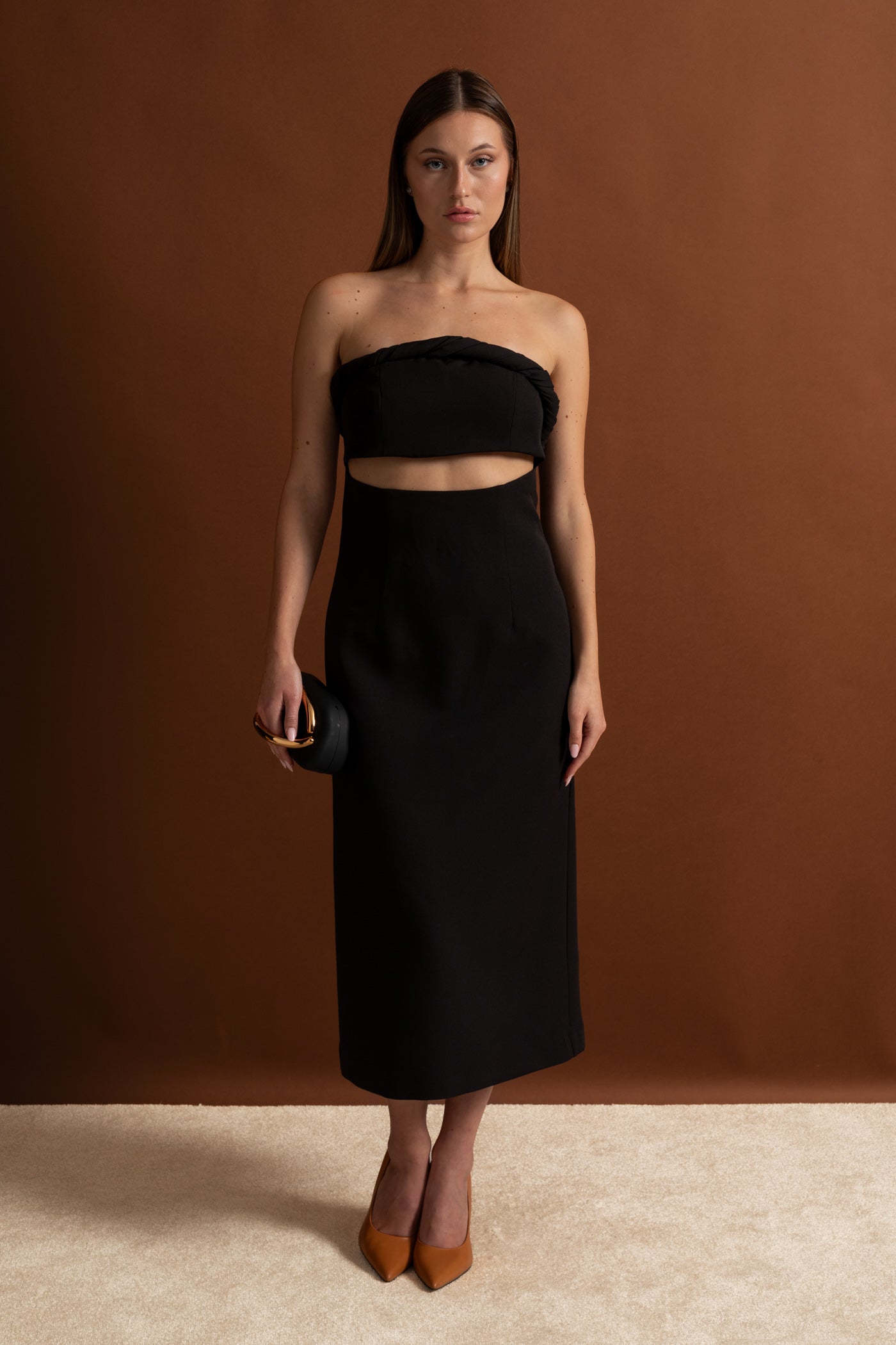 Strapless Cutout Midi Dress With Twisted Bandeau Detail – Black