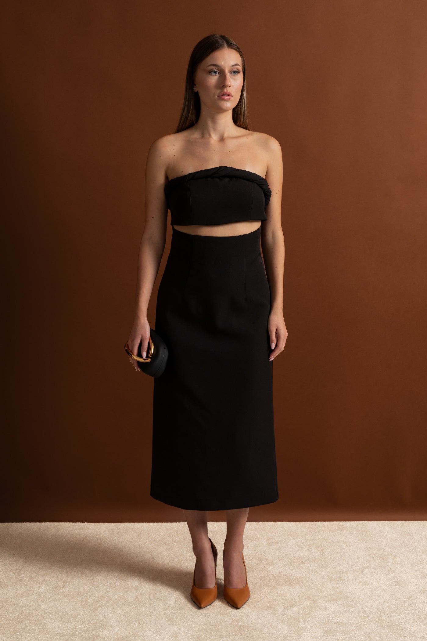 Strapless Cutout Midi Dress With Twisted Bandeau Detail – Black