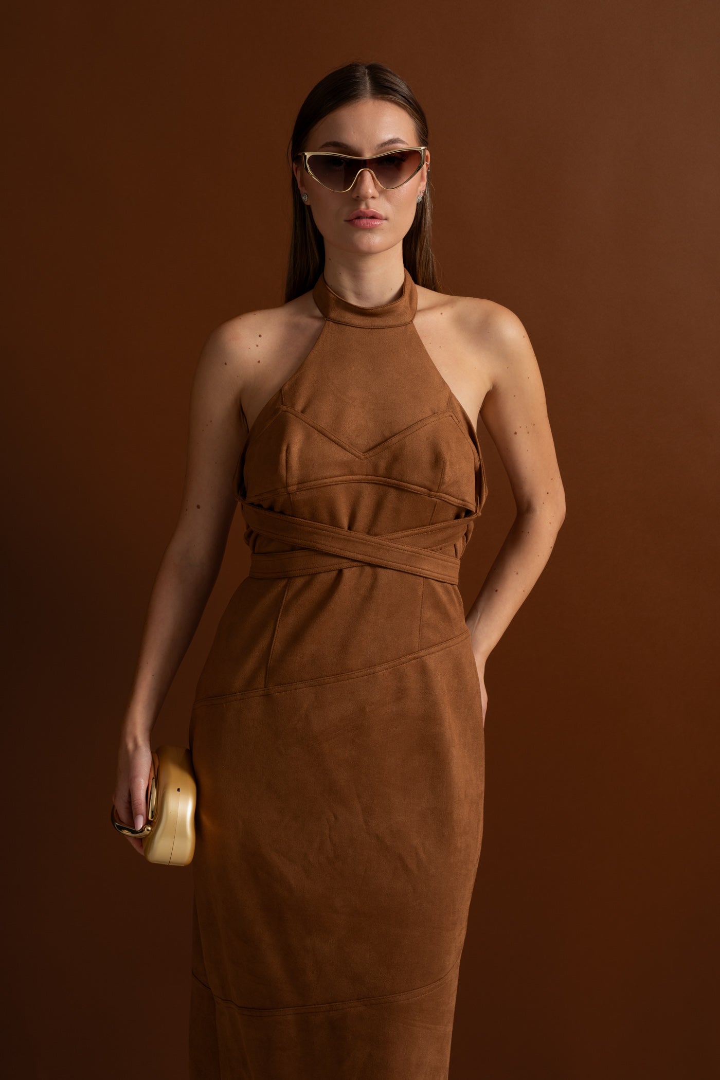 Suede Halterneck Wrap Maxi Dress – Cognac