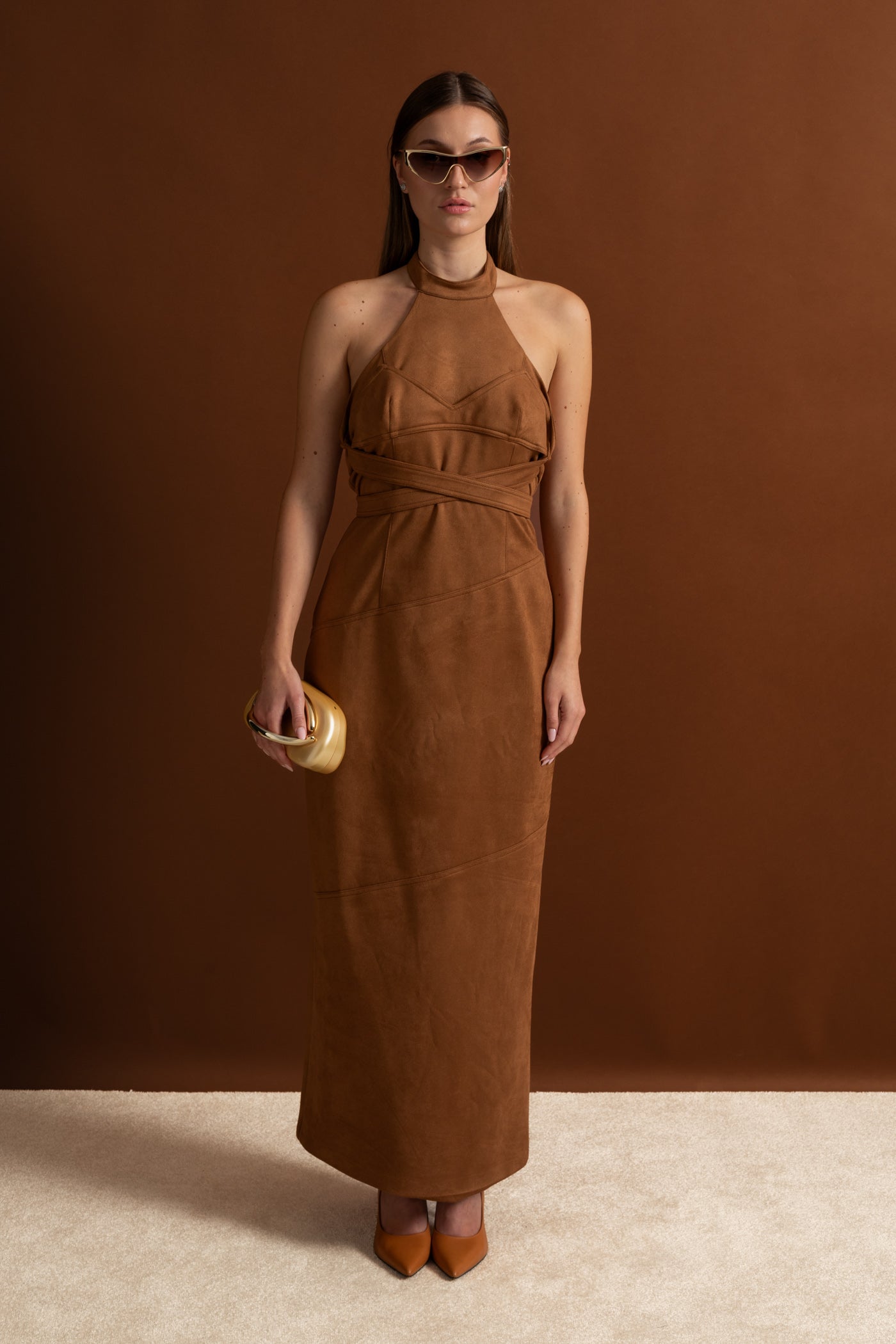 Suede Halterneck Wrap Maxi Dress – Cognac