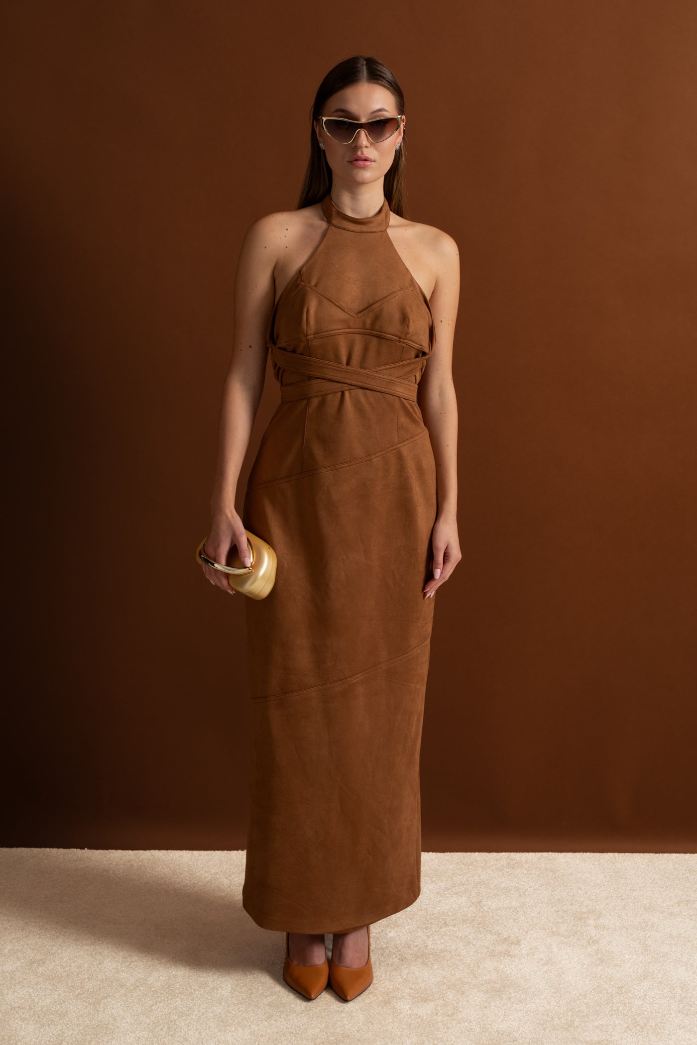Suede Halterneck Wrap Maxi Dress – Cognac