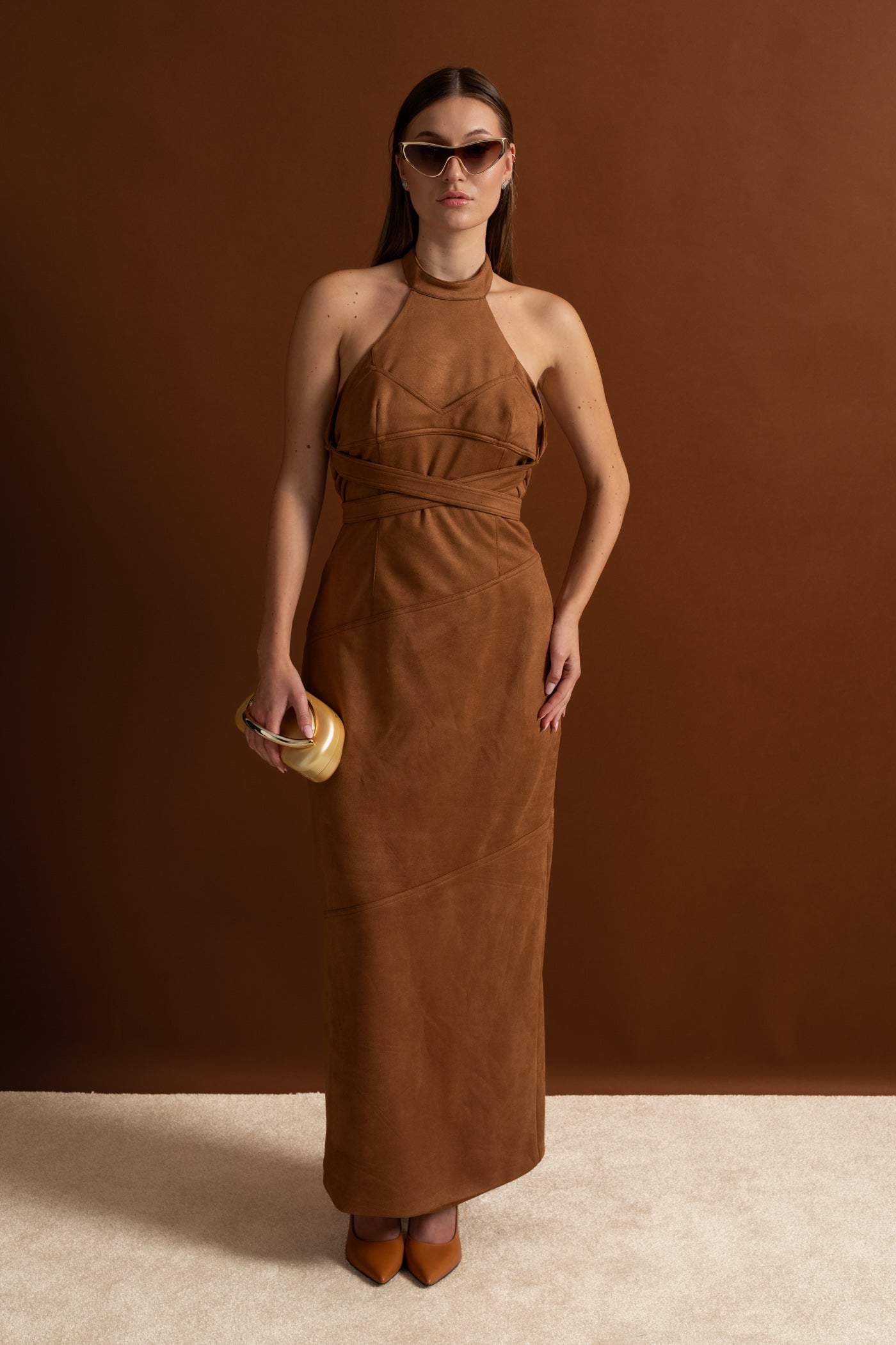 Suede Halterneck Wrap Maxi Dress – Cognac