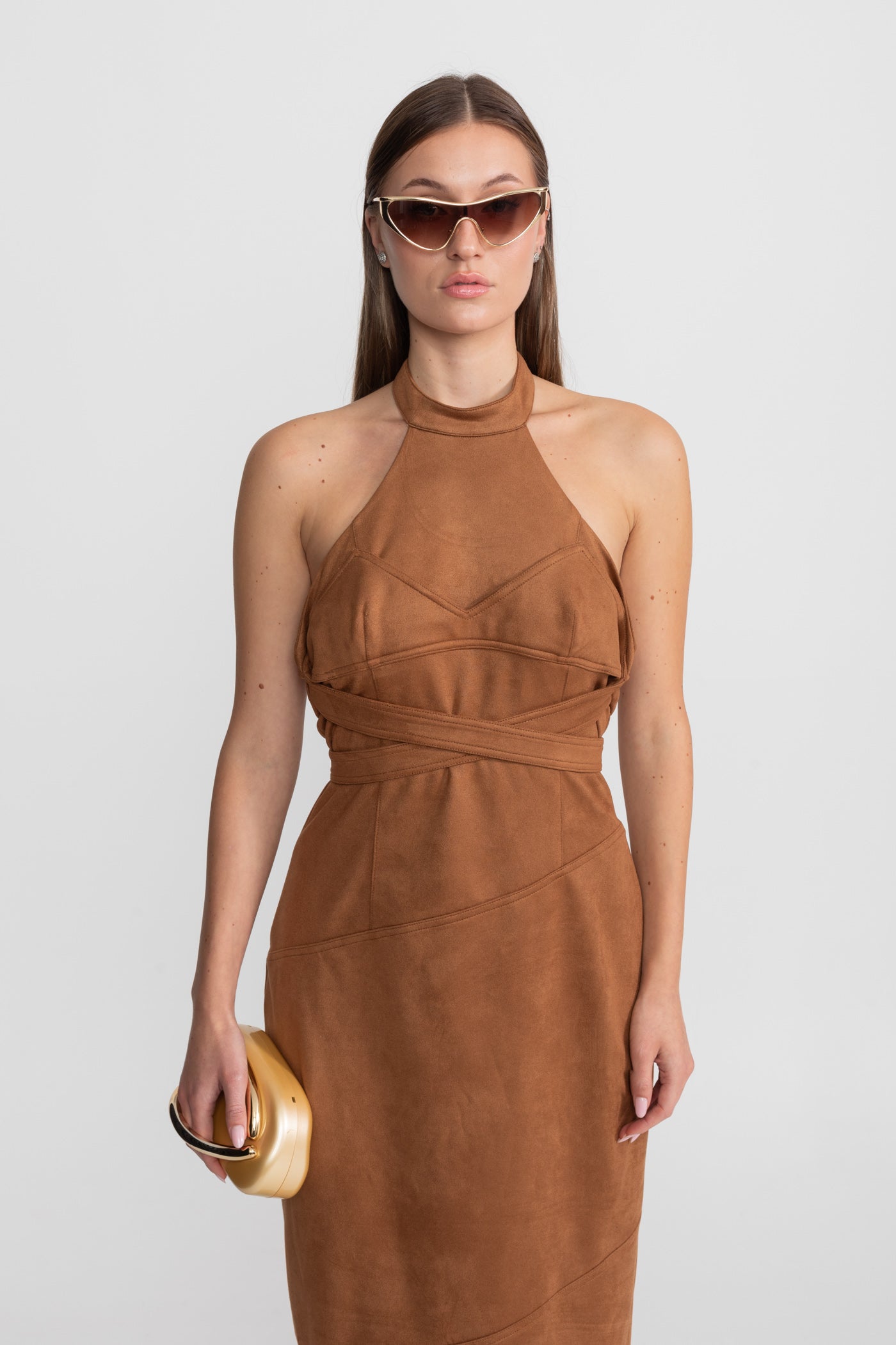 Suede Halterneck Wrap Maxi Dress – Cognac
