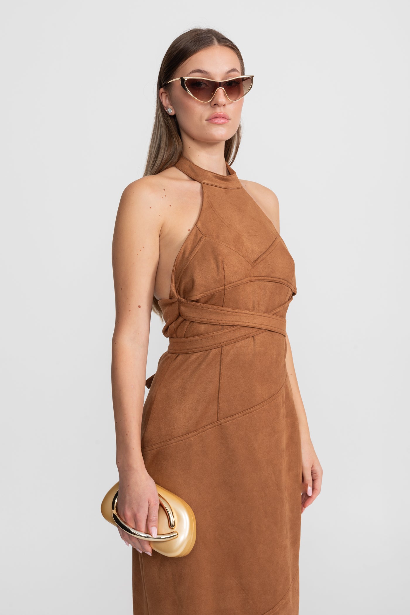 Suede Halterneck Wrap Maxi Dress – Cognac