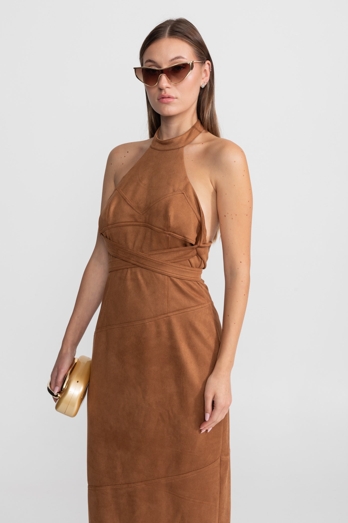 Suede Halterneck Wrap Maxi Dress – Cognac
