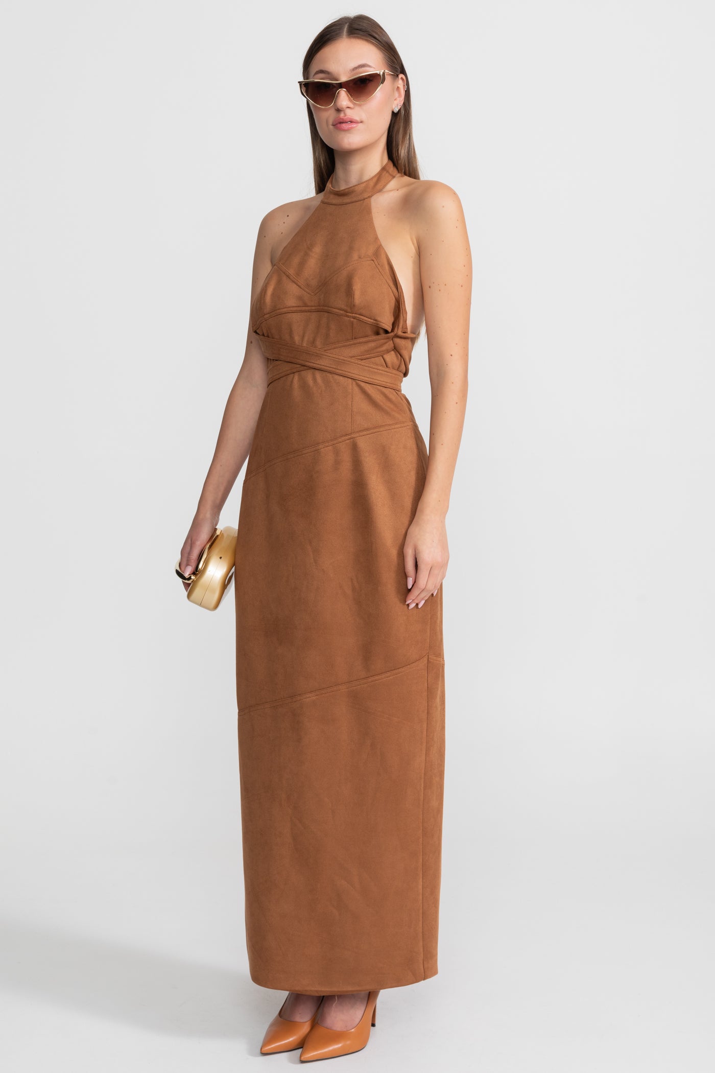 Suede Halterneck Wrap Maxi Dress – Cognac