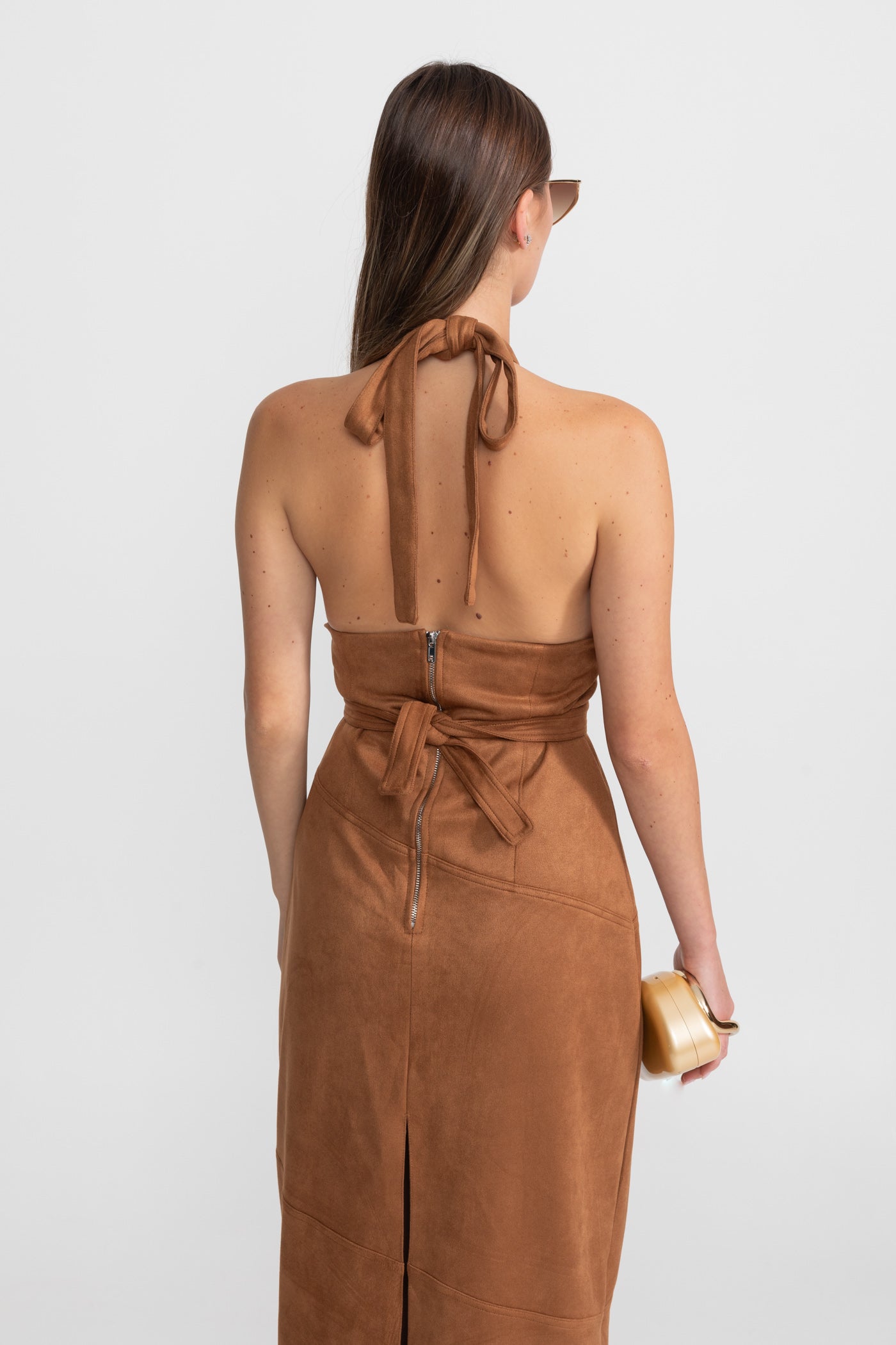 Suede Halterneck Wrap Maxi Dress – Cognac