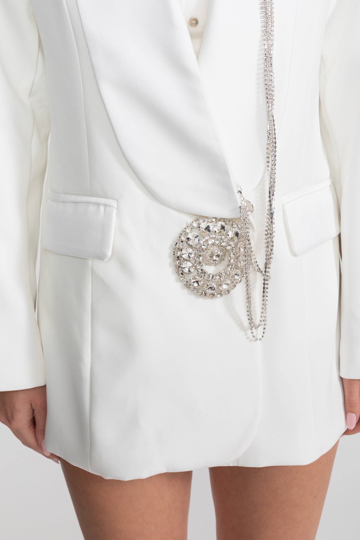 Crystal Brooch Blazer With Shawl Lapels – White