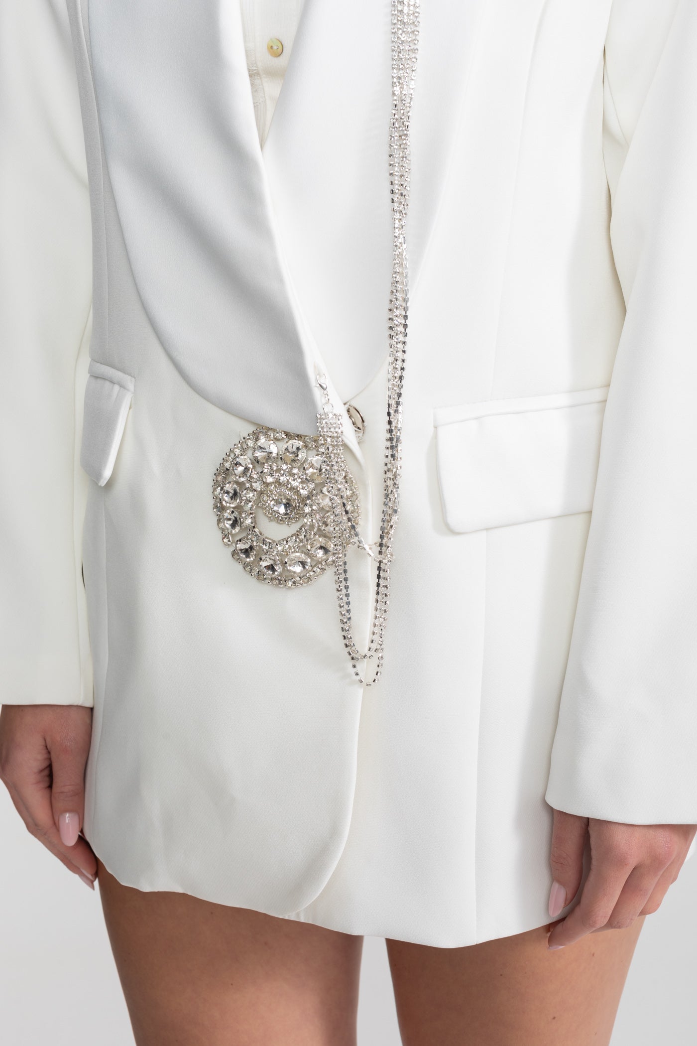 Crystal Brooch Blazer With Shawl Lapels – White