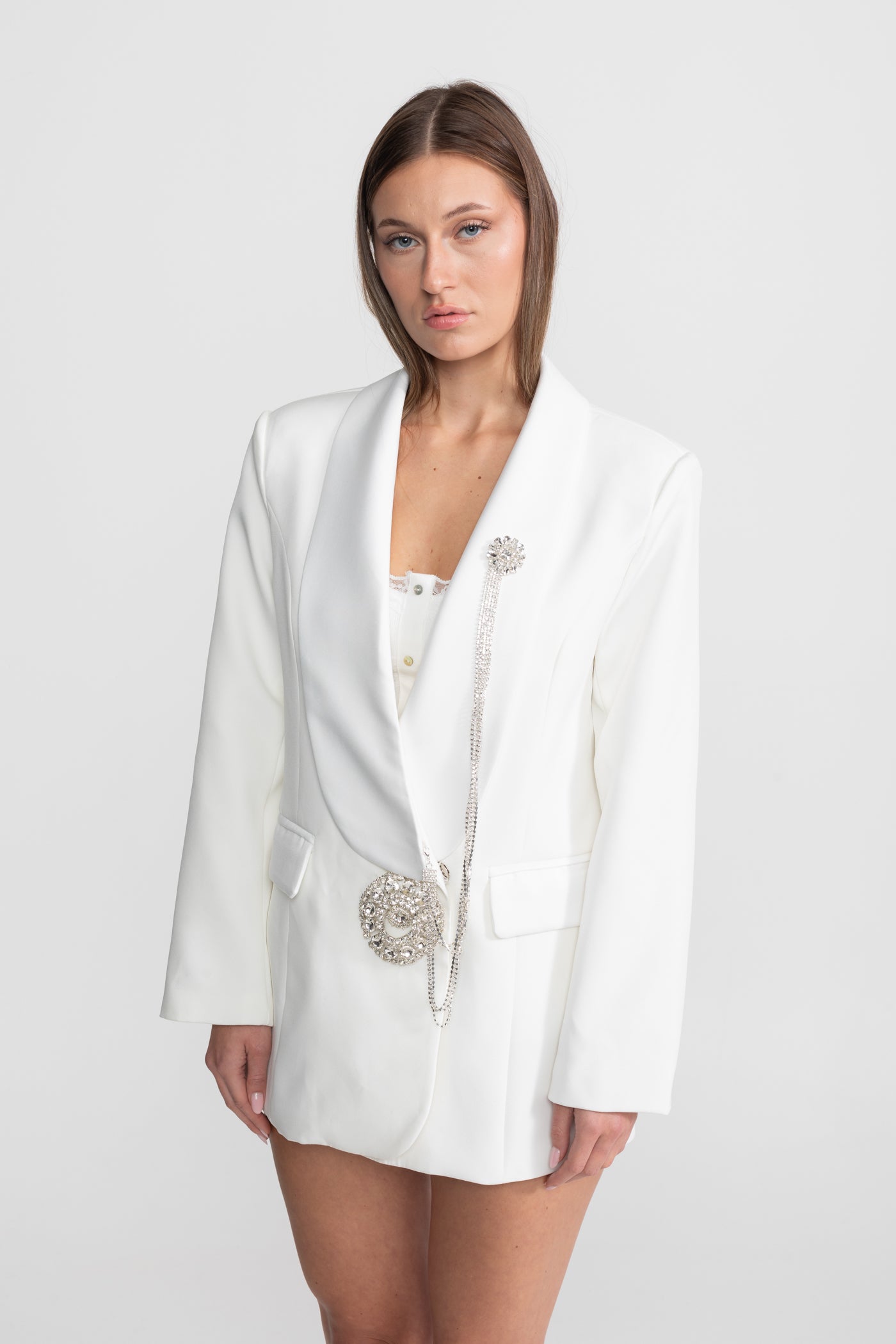 Crystal Brooch Blazer With Shawl Lapels – White
