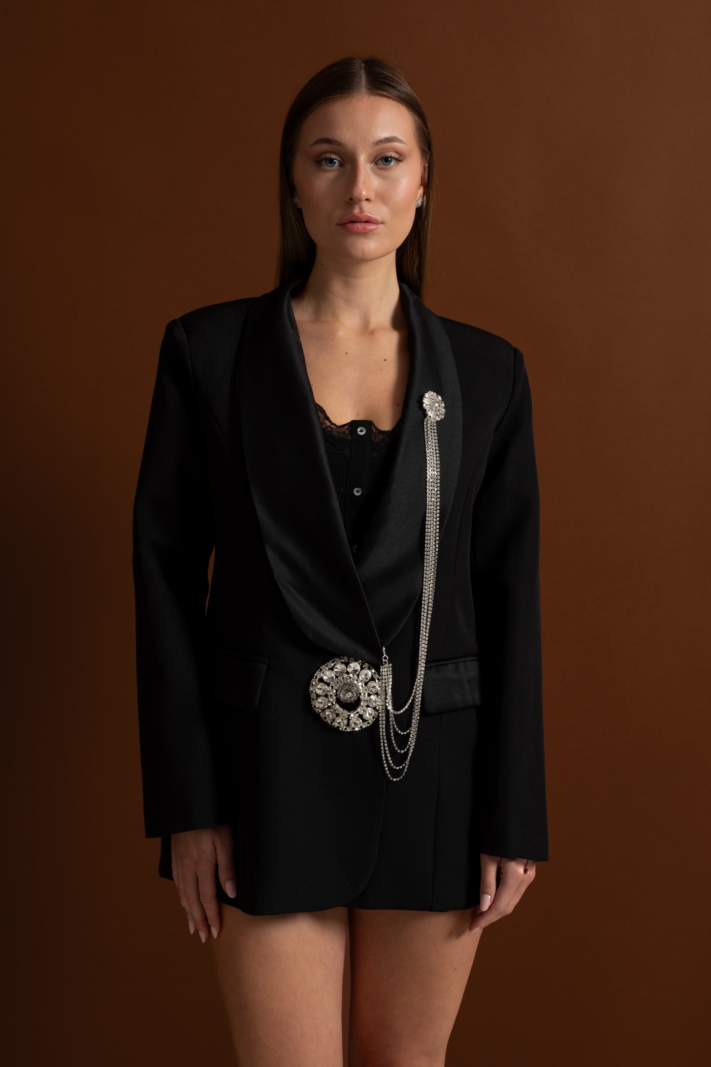 Crystal Brooch Blazer With Shawl Lapels – Black