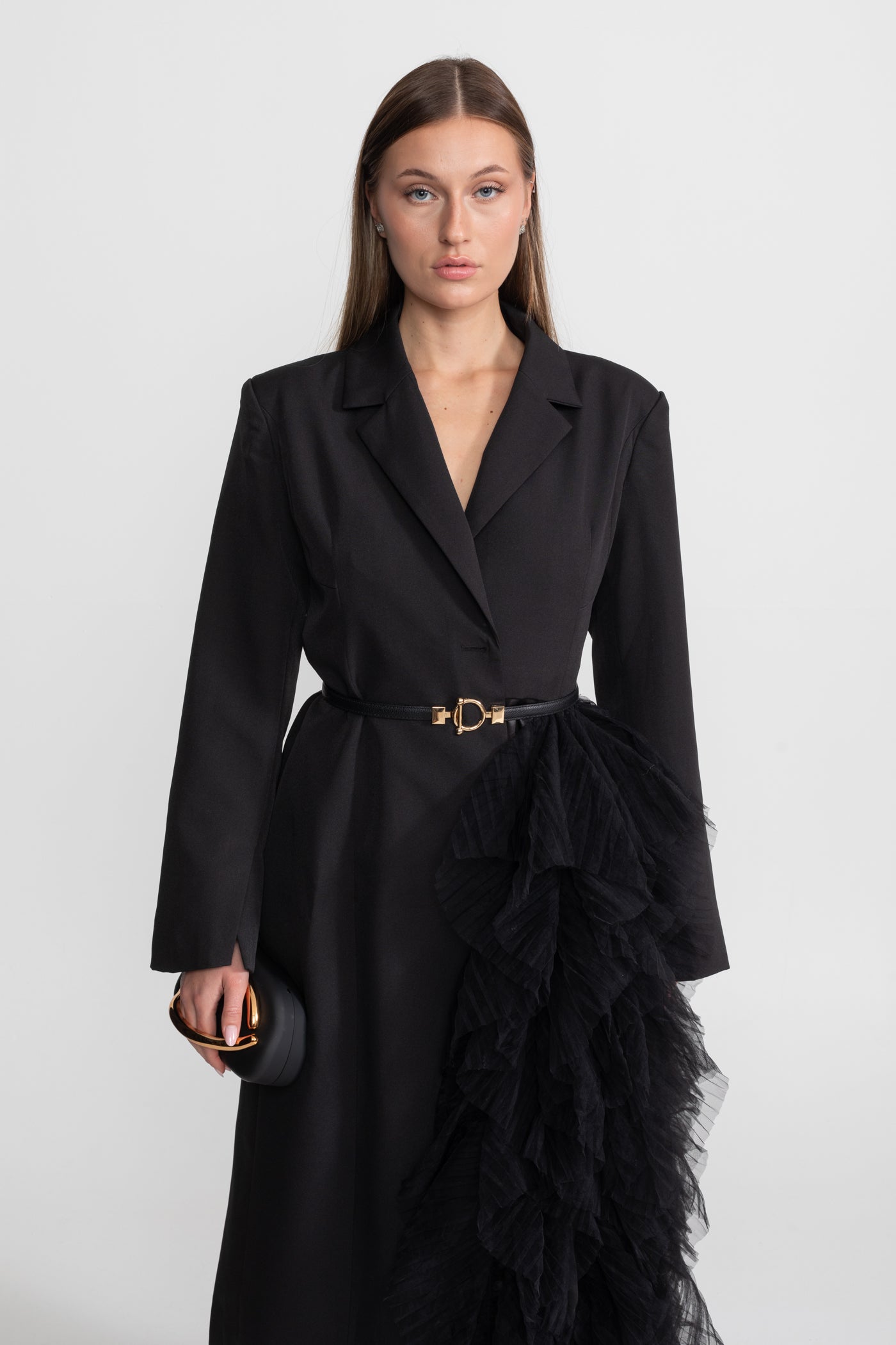 Tulle Cascade Blazer Dress With Notched Lapels – Black