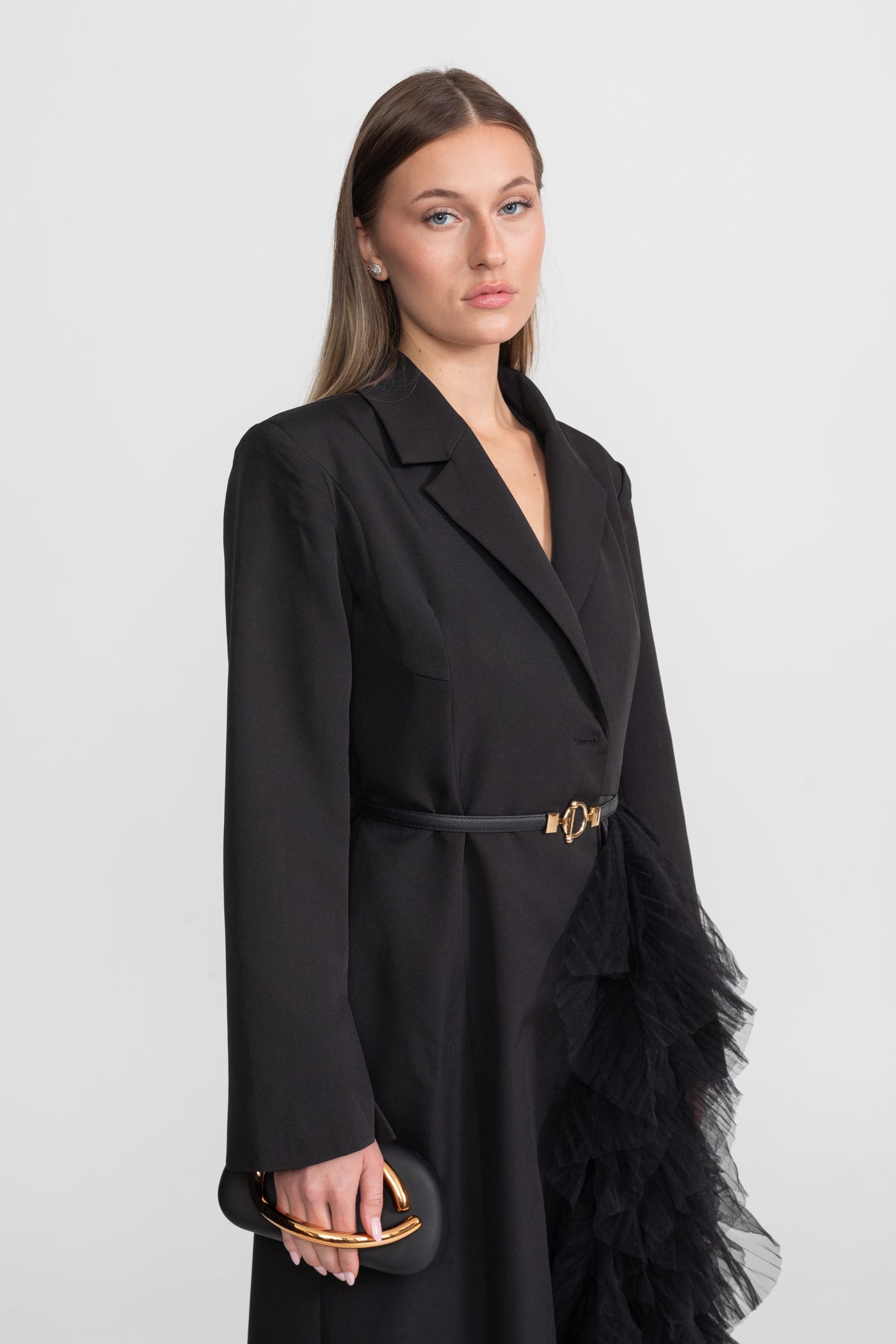 Tulle Cascade Blazer Dress With Notched Lapels – Black