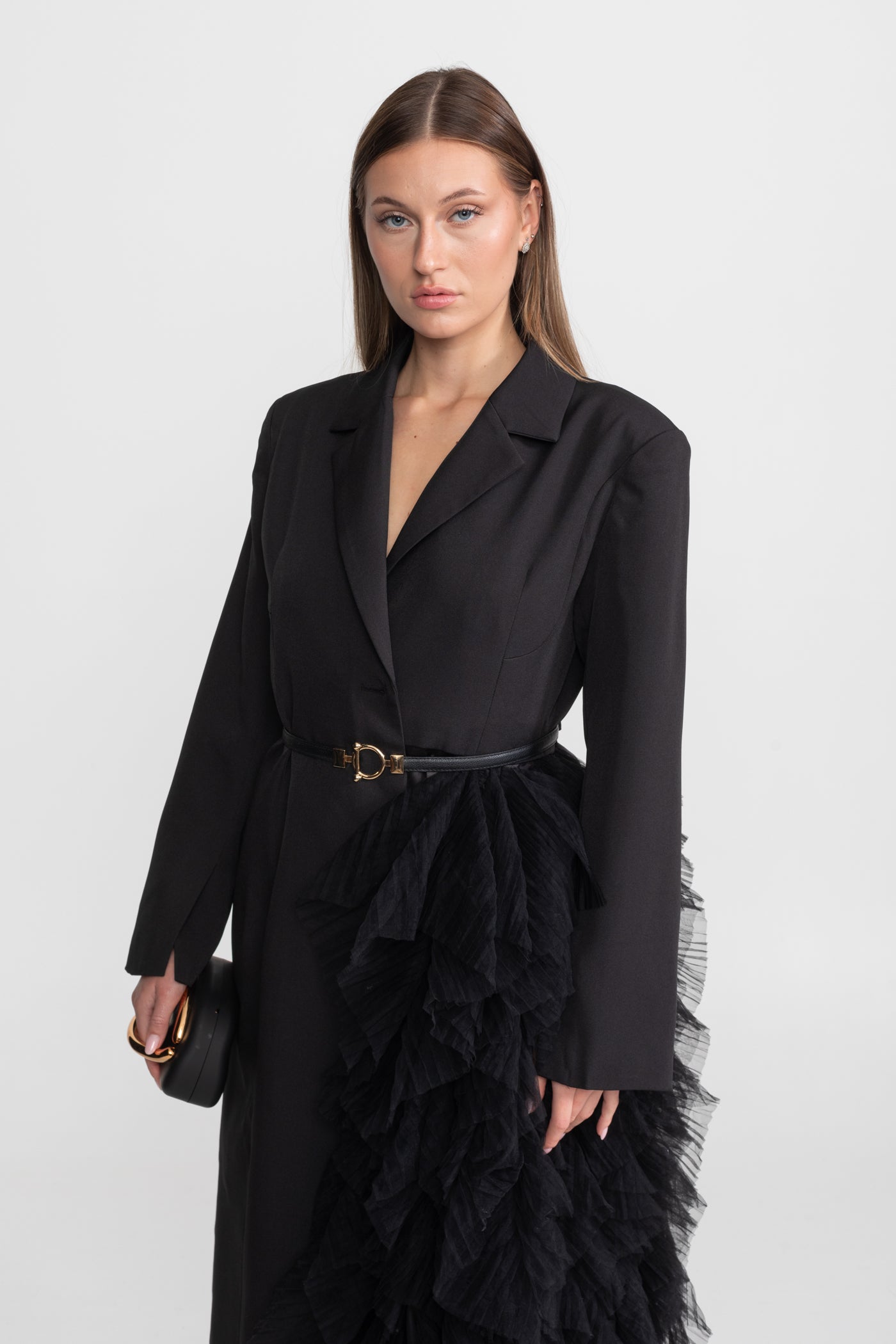 Tulle Cascade Blazer Dress With Notched Lapels – Black