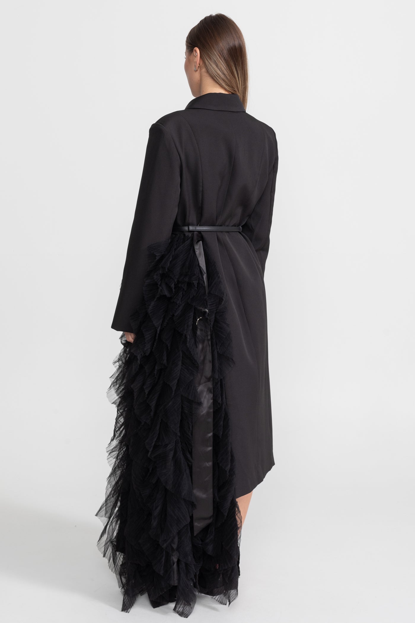 Tulle Cascade Blazer Dress With Notched Lapels – Black