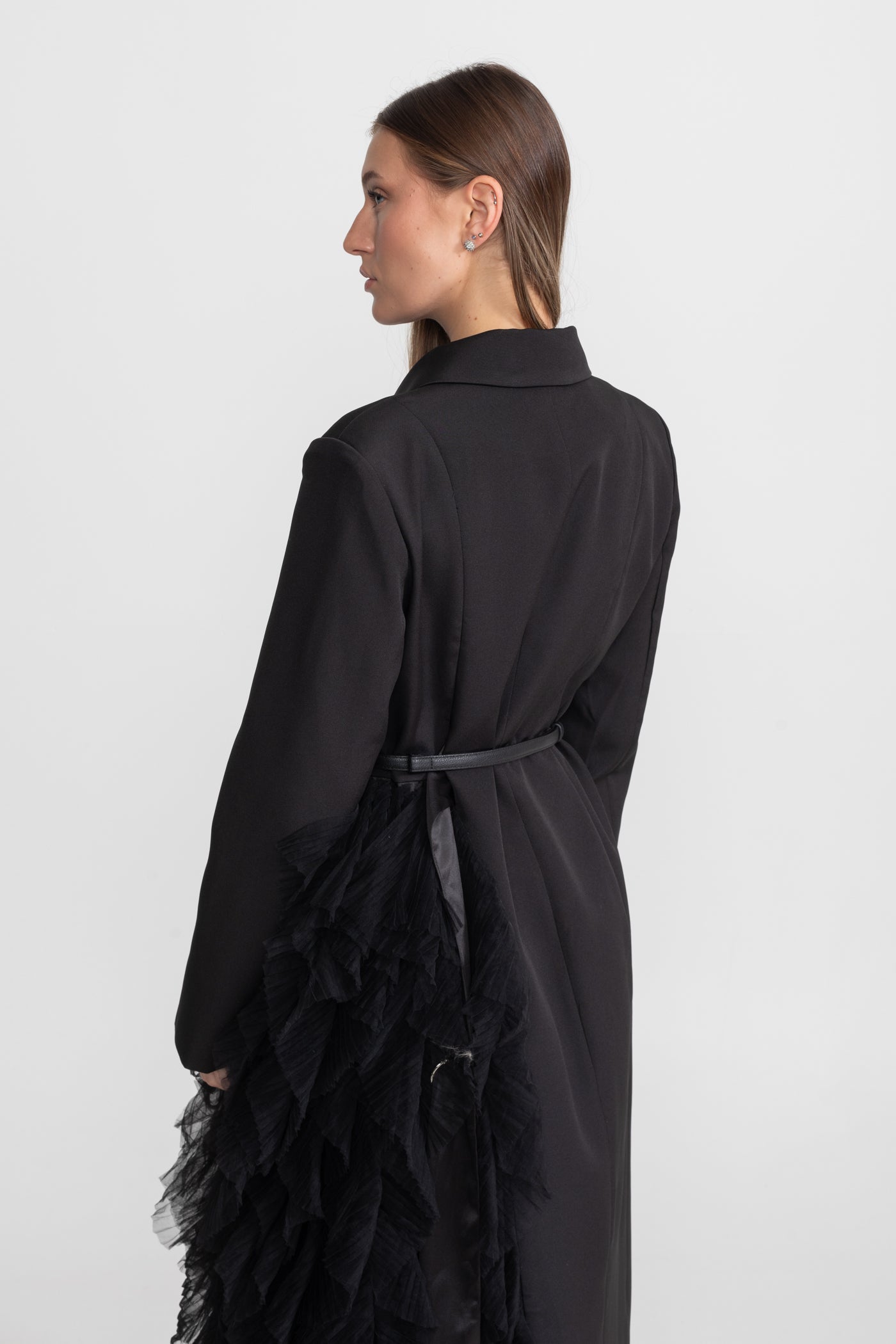 Tulle Cascade Blazer Dress With Notched Lapels – Black