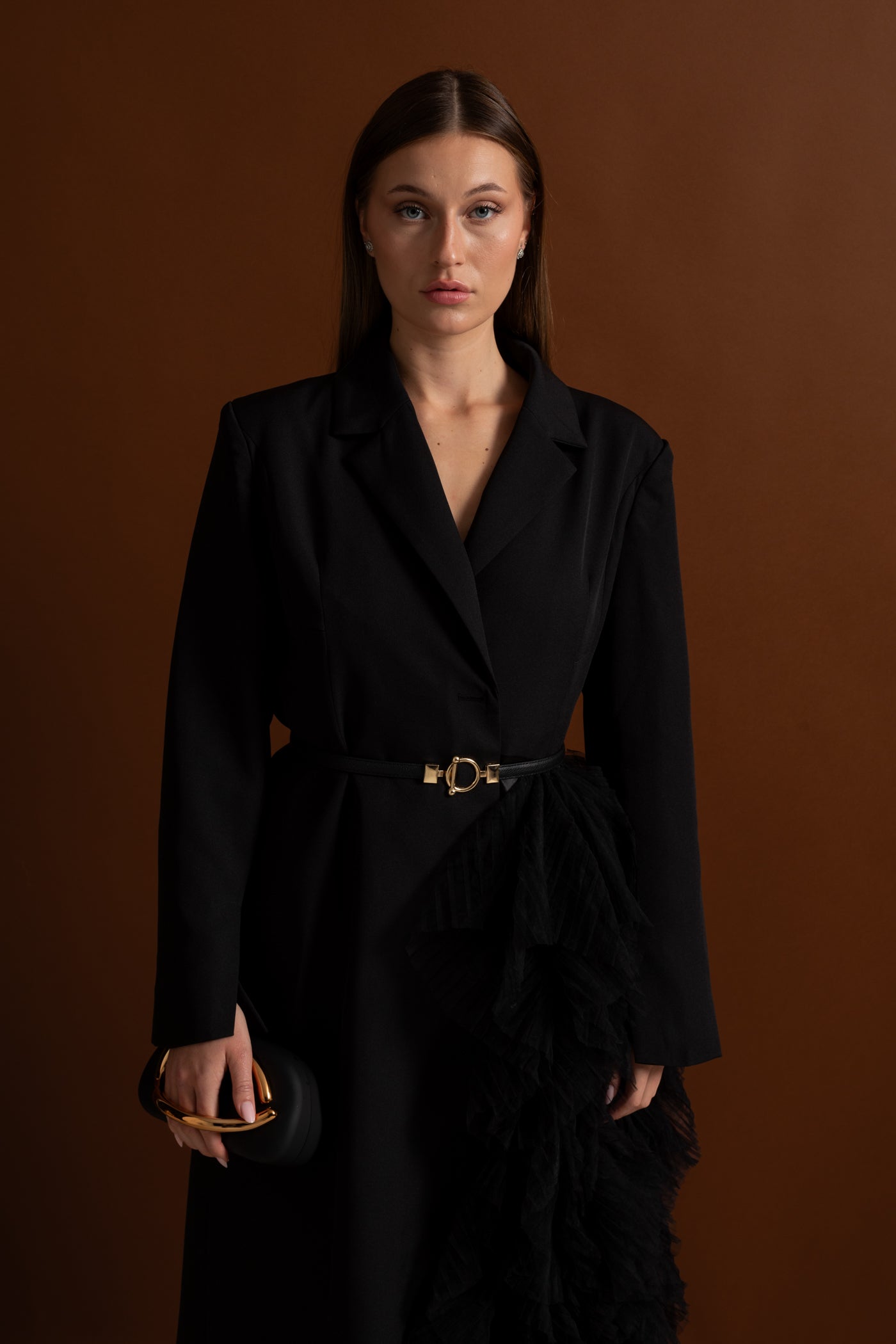 Tulle Cascade Blazer Dress With Notched Lapels – Black