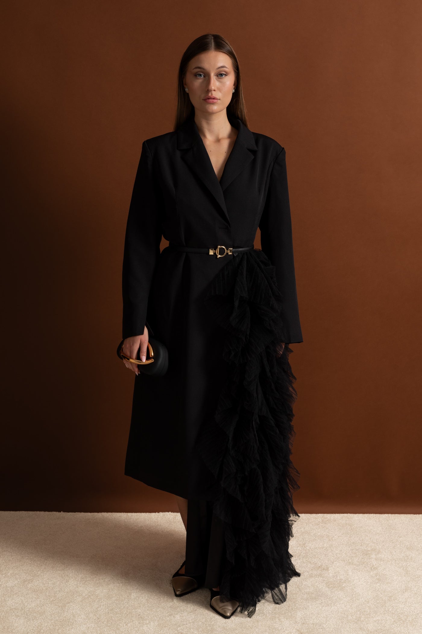 Tulle Cascade Blazer Dress With Notched Lapels – Black