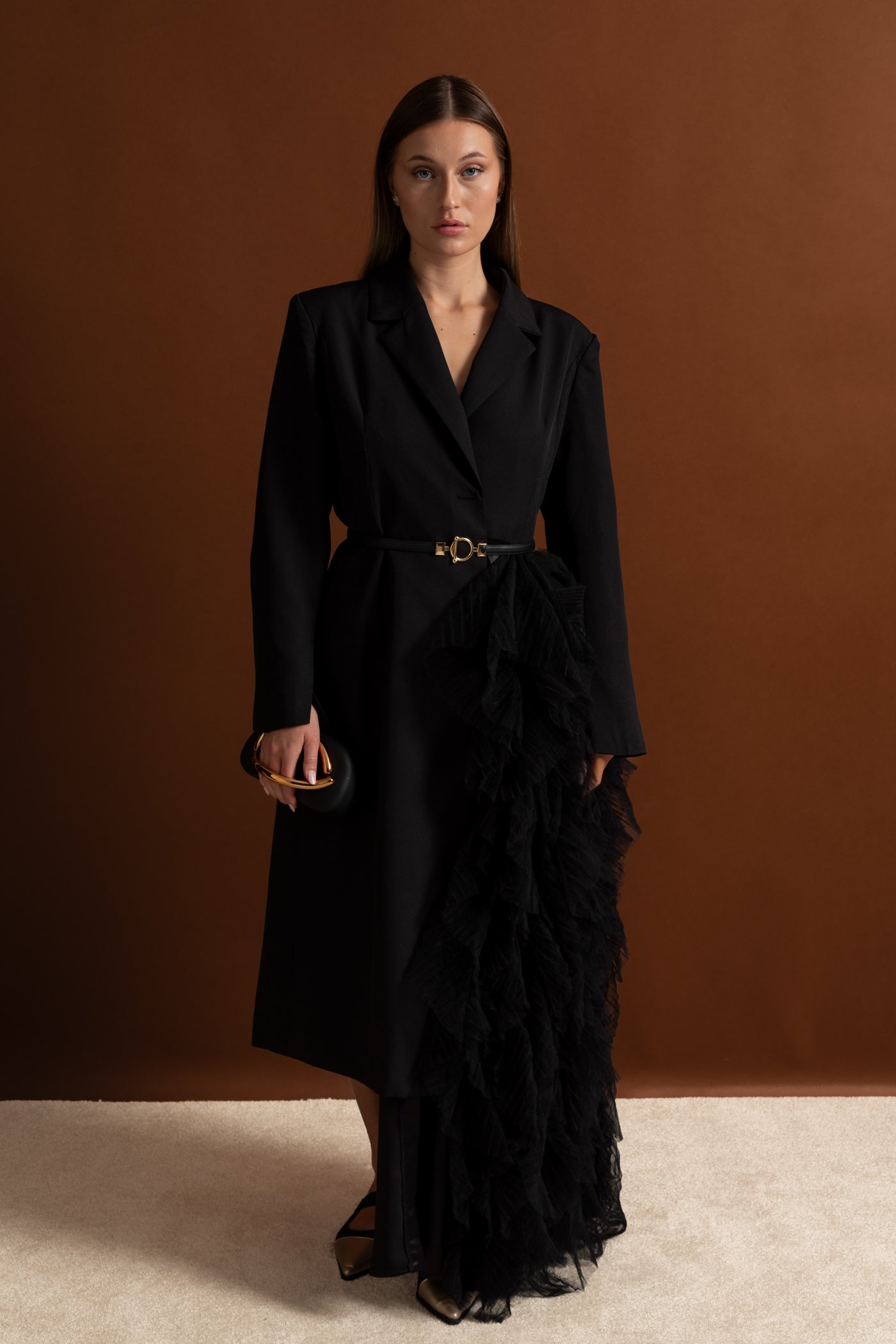Tulle Cascade Blazer Dress With Notched Lapels – Black