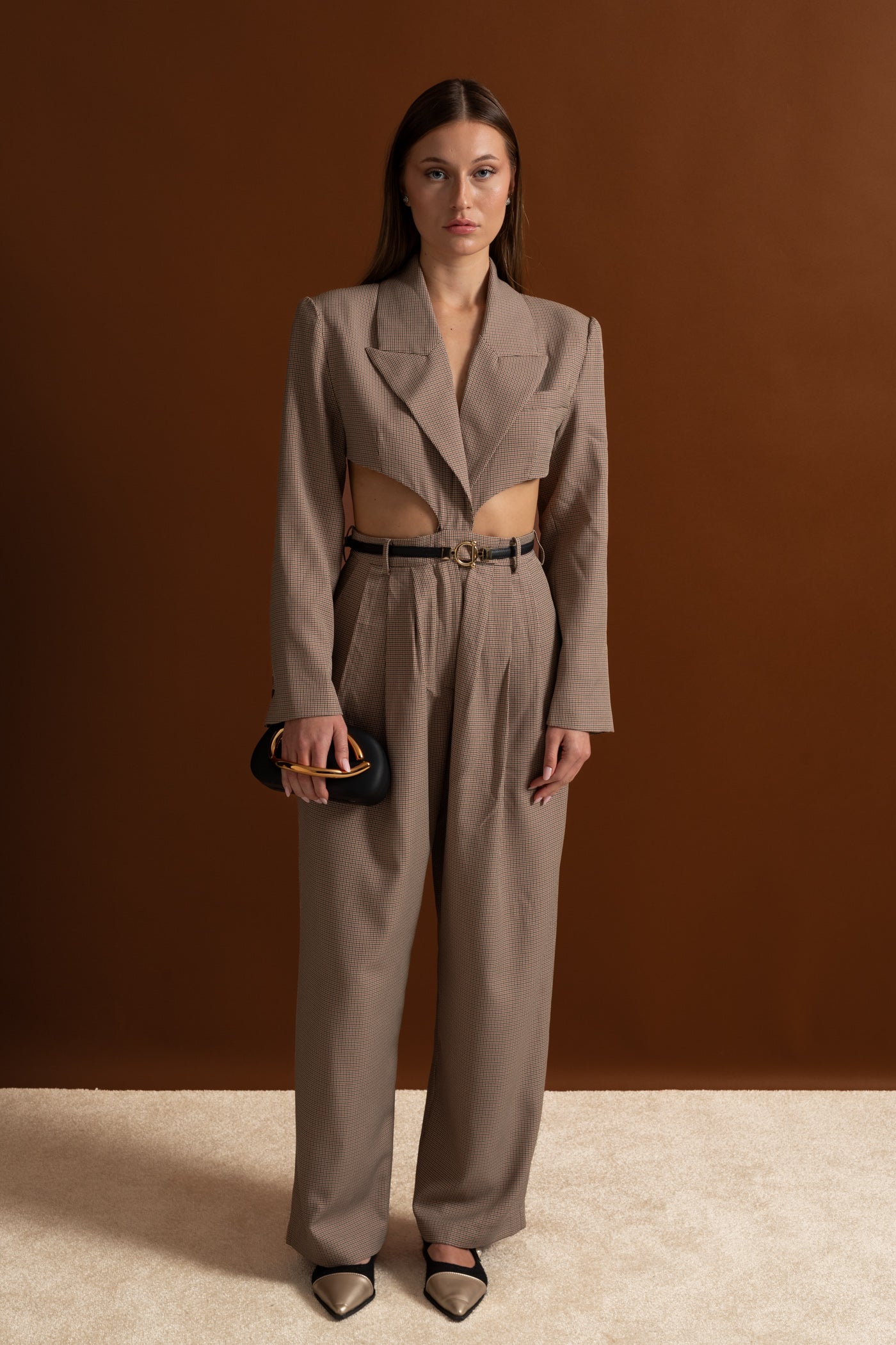 Cut-Out Suit Set With Slim Black Waistbelt – Taupe Check