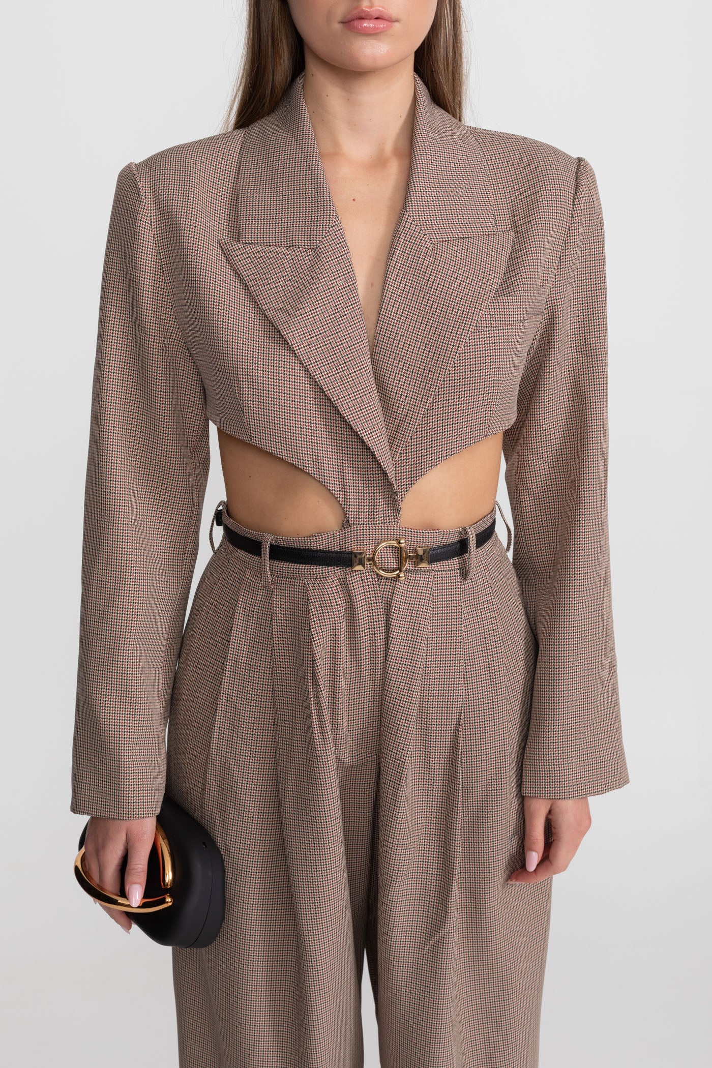 Cut-Out Suit Set With Slim Black Waistbelt – Taupe Check