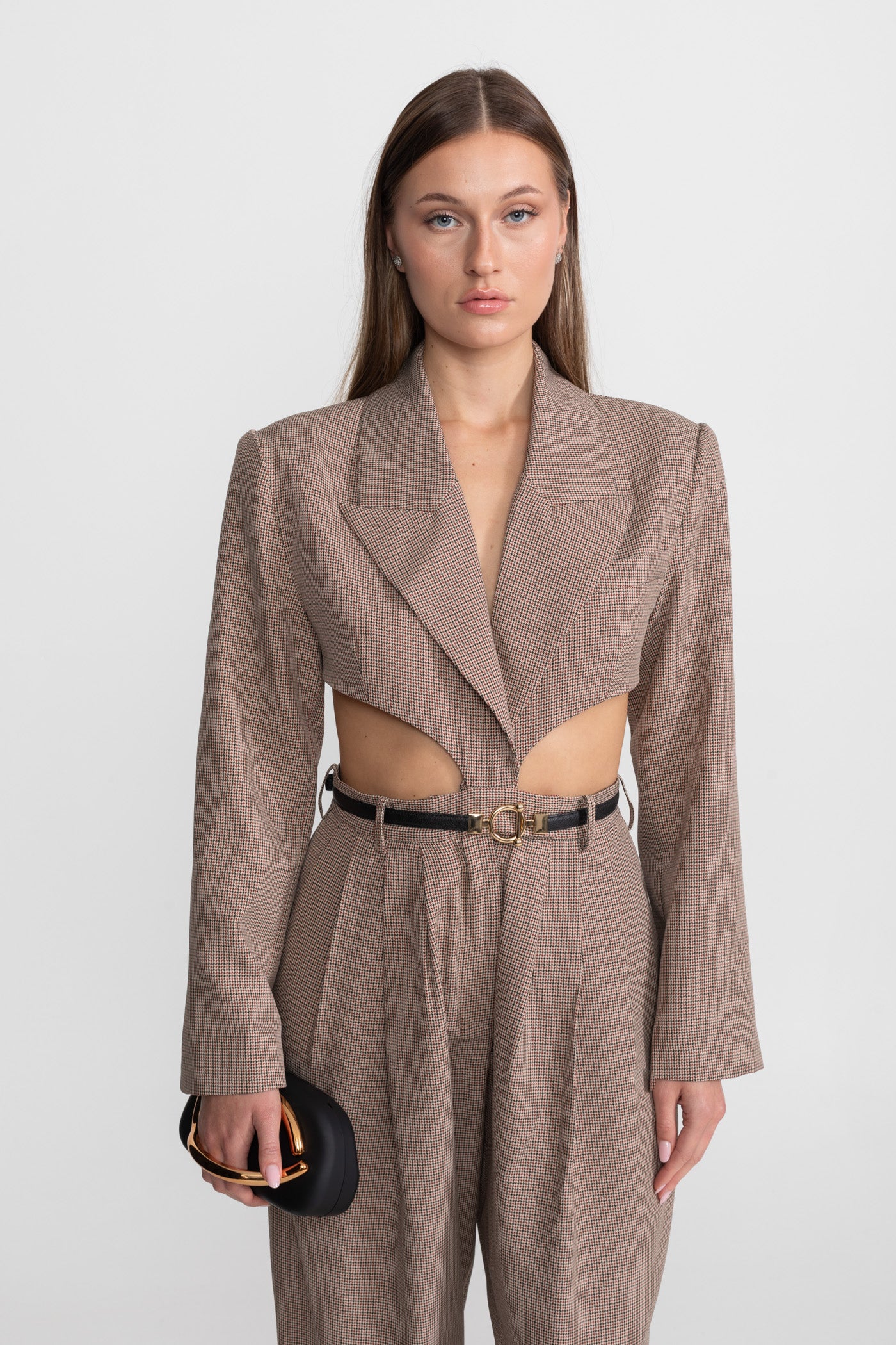 Cut-Out Suit Set With Slim Black Waistbelt – Taupe Check