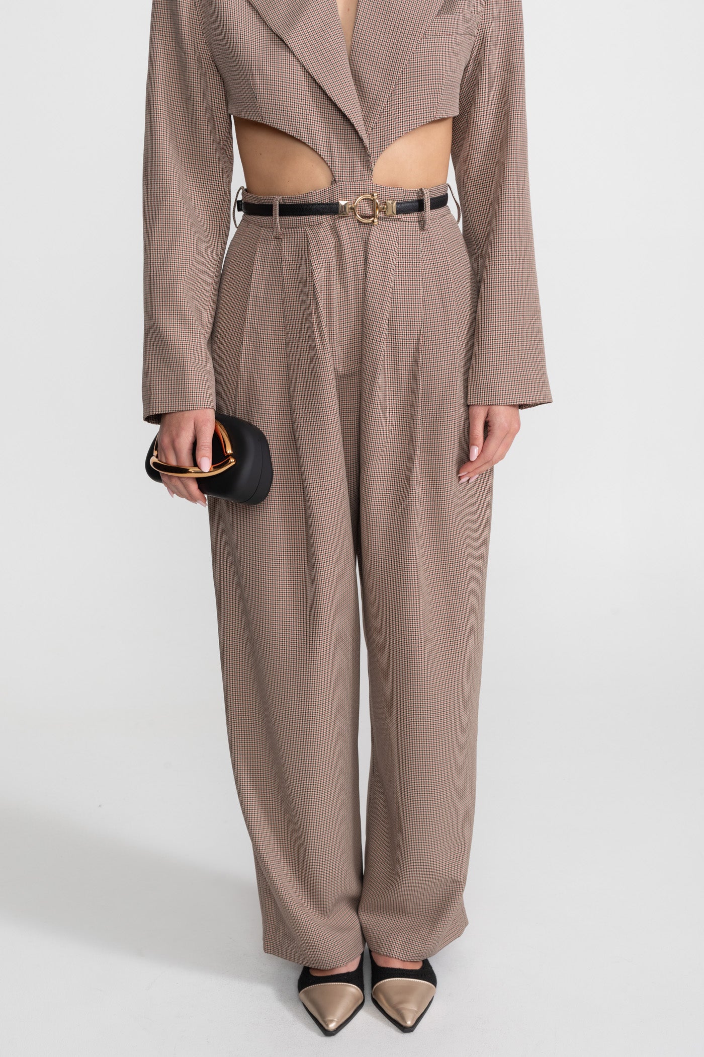 Cut-Out Suit Set With Slim Black Waistbelt – Taupe Check